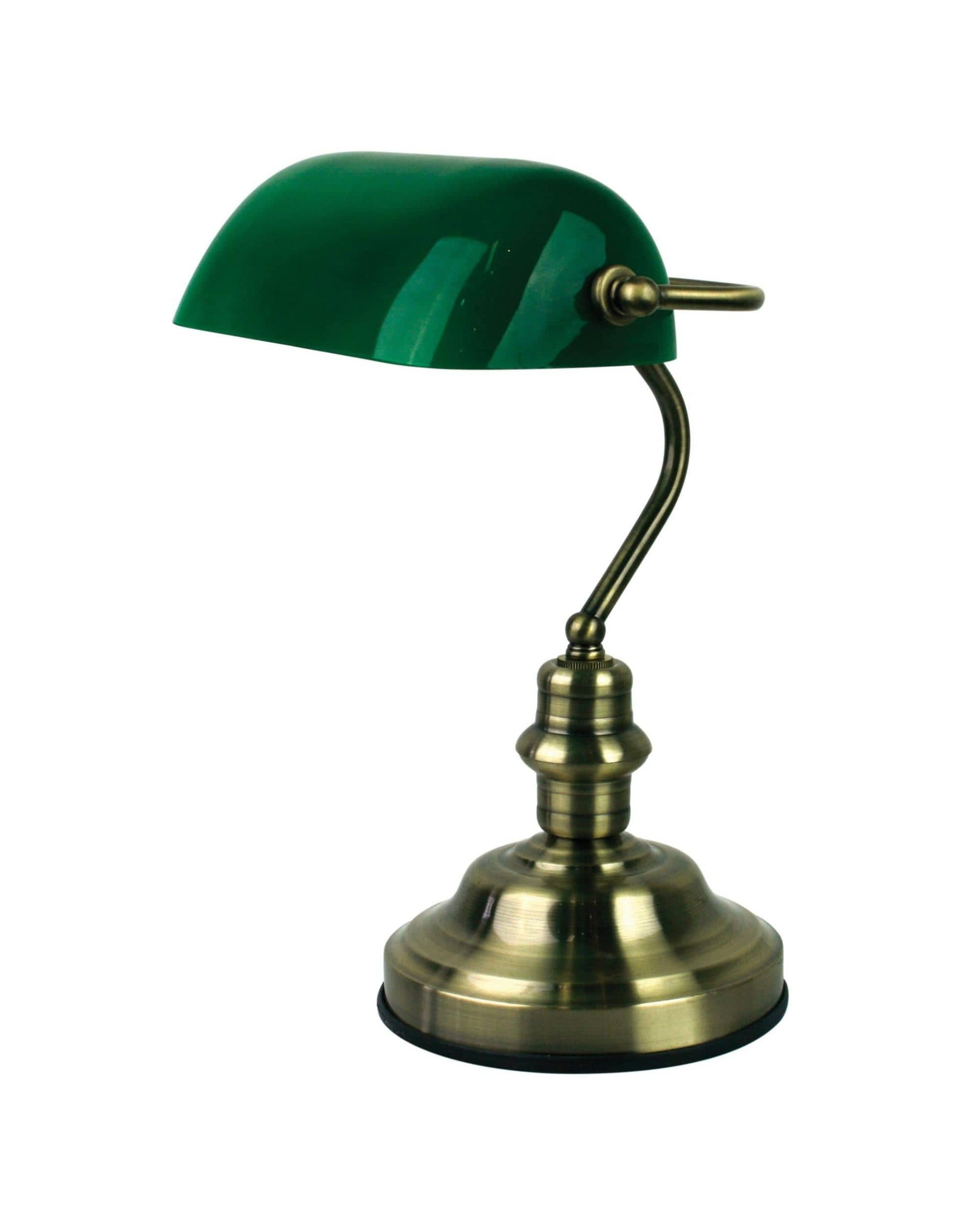 Oriel Lighting Lamp BANKERS SWITCHED Antique Brass with Green Glass Shade