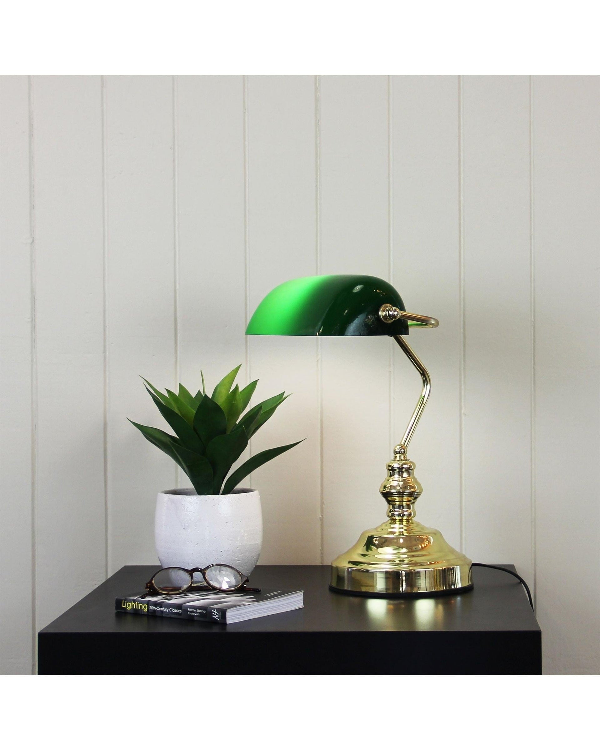 Oriel Lighting Lamp BANKERS SWITCHED Brass Plated with Green Glass Shade