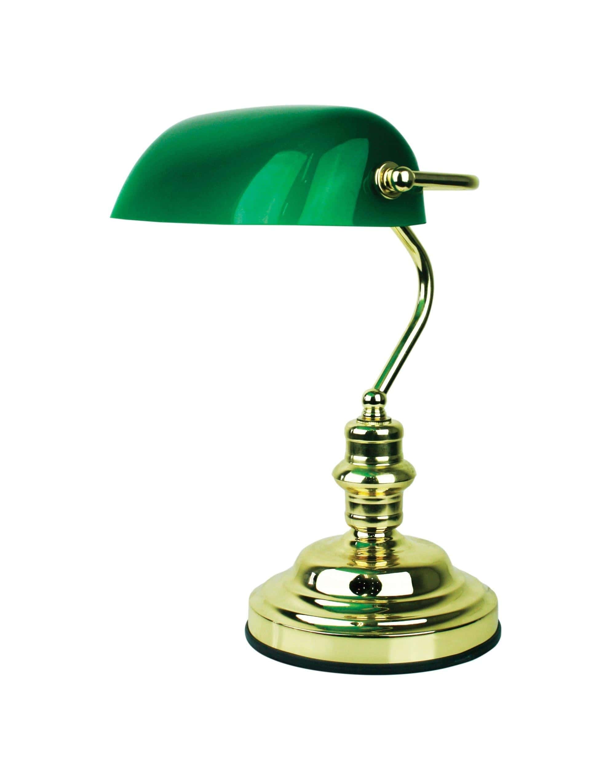 Oriel Lighting Lamp BANKERS SWITCHED Brass Plated with Green Glass Shade