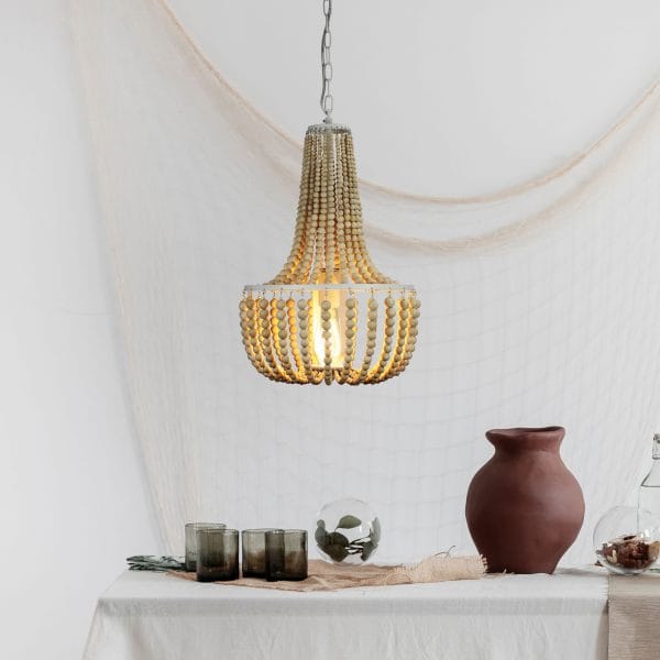 Oriel Lighting Lamp Cascara 1 Light Pendant Light Natural Wooden Beaded Pendant