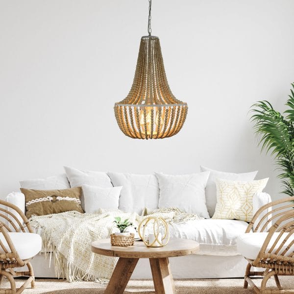 Oriel Lighting Lamp Cascara 3 Light Pendant Light Natural Wooden Beaded Pendant