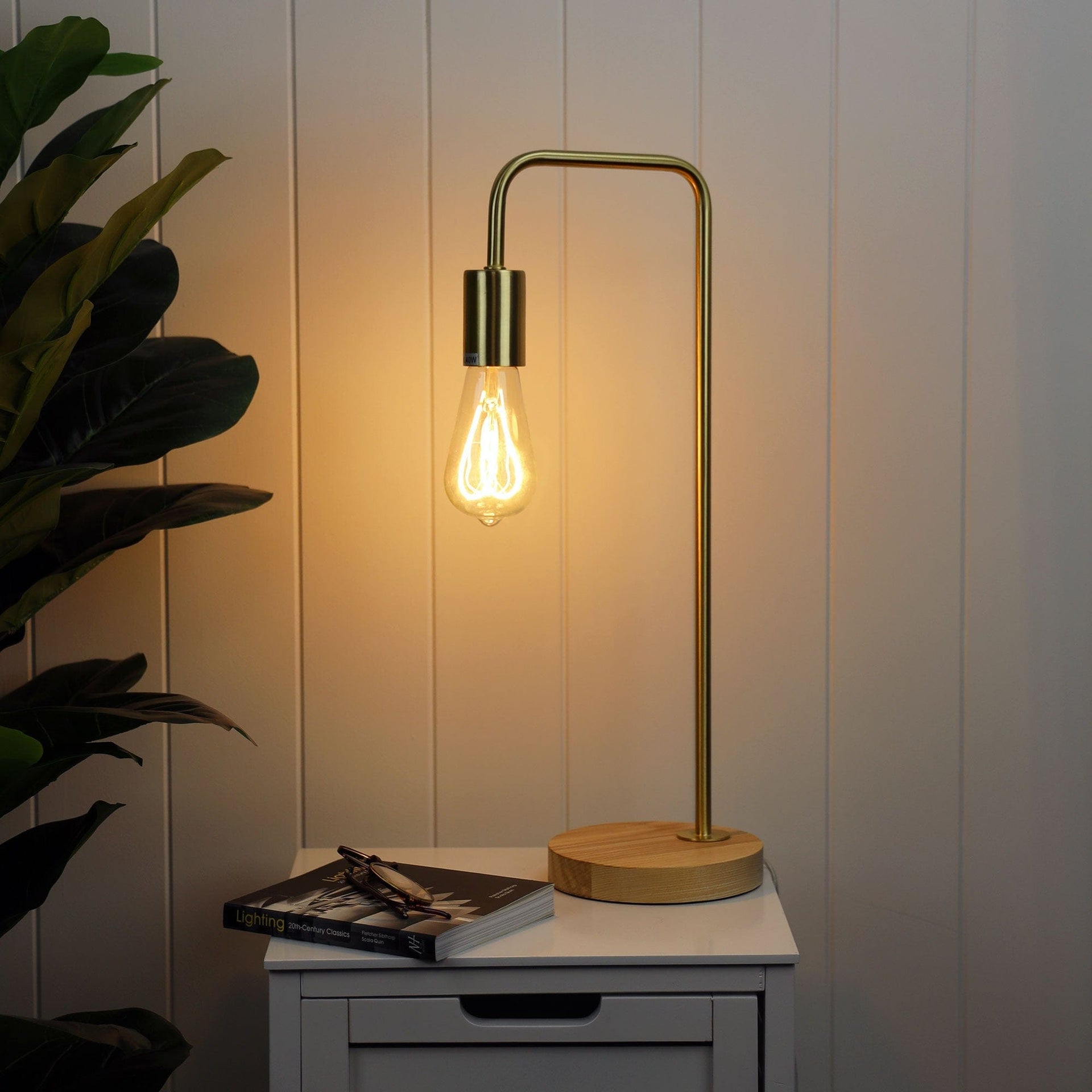 Oriel Lighting Lamp LANE Scandi Table Lamp Brushed Brass with Timber