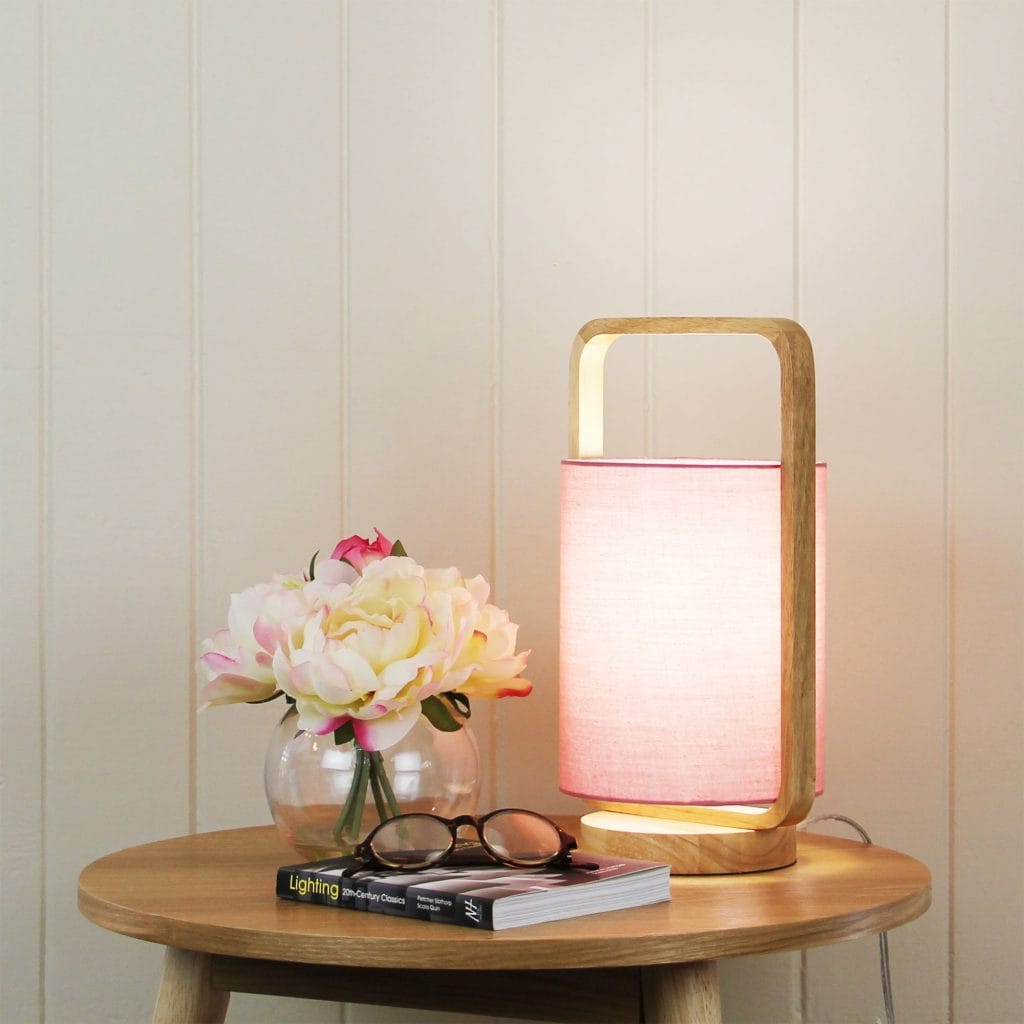 Oriel Lighting Lamp LUCIA Natural Timber and Pink Cotton Lamp