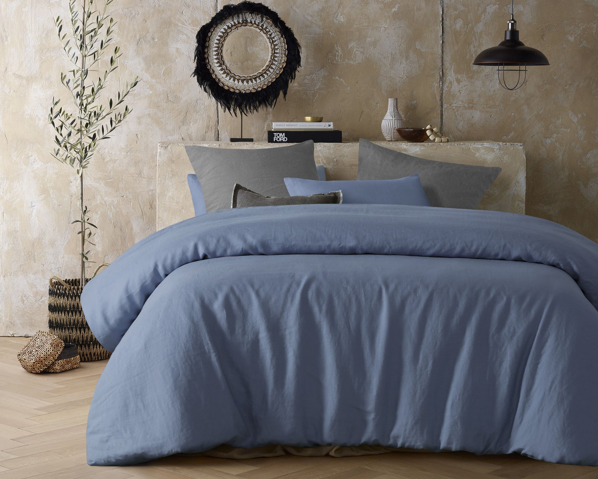 Vintage Design Sky Blue 100% Hemp Quilt Cover Set Vintage Design