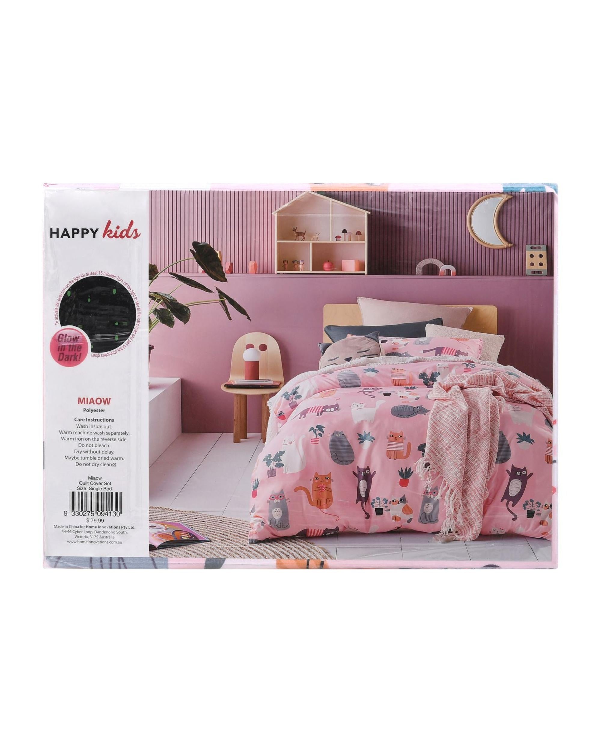 Happy Kids Miaow Glow in the Dark Quilt Cover Set Happy Kids Bedding
