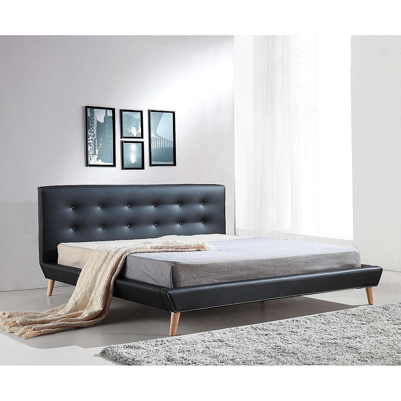 Palermo Bedframe Double / Black Button Tuft PU Leather Fabric Luxury Bed Frame - 2 Colours