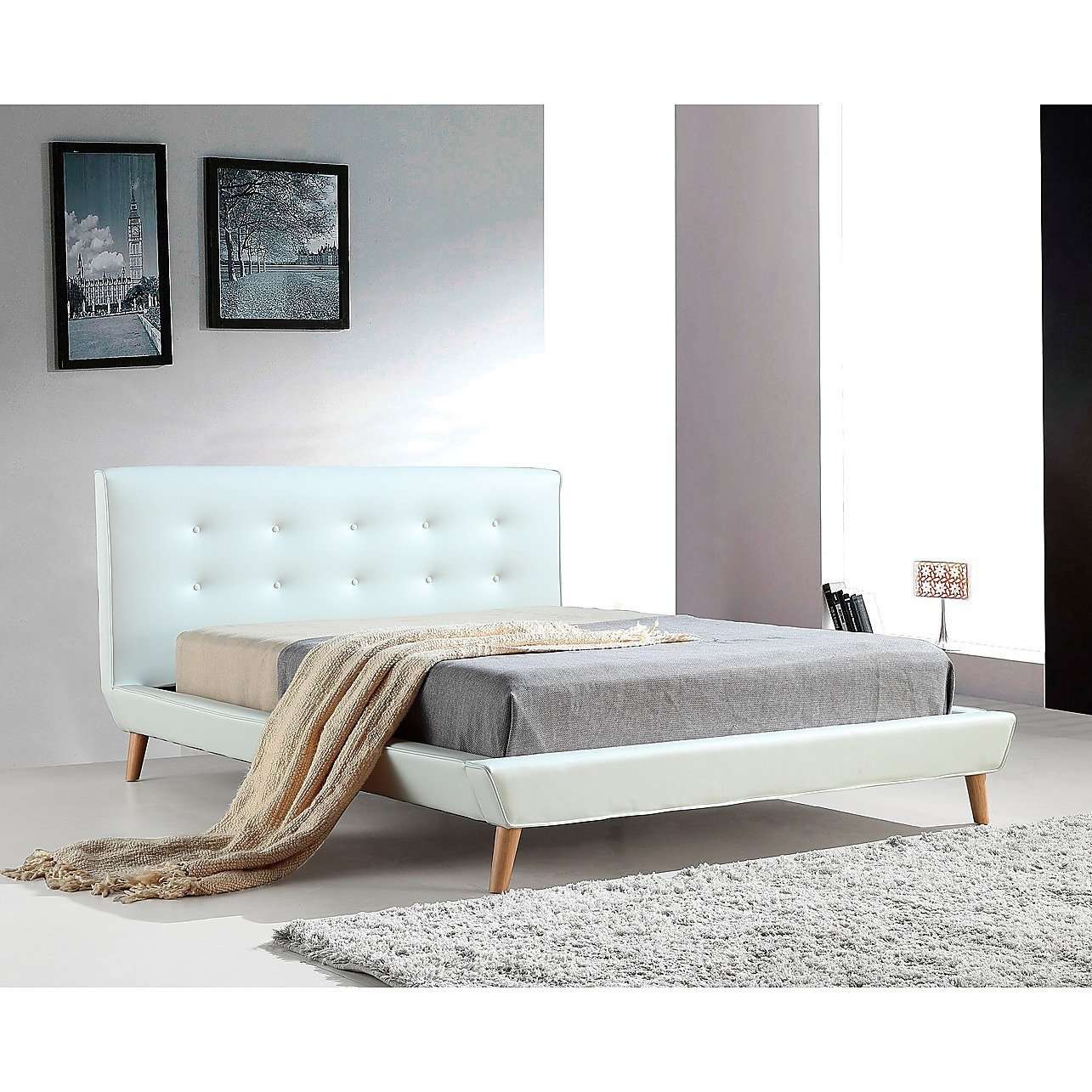 Palermo Bedframe Double / White Button Tuft PU Leather Fabric Luxury Bed Frame - 2 Colours