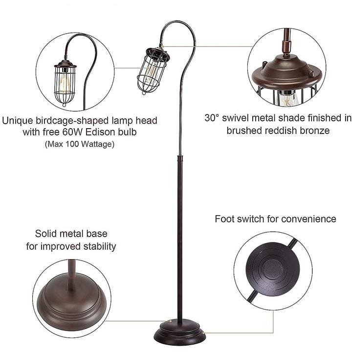 Palermo Lamp Industrial Floor Lamp with Adjustable Cage Shade in Bronze Finish