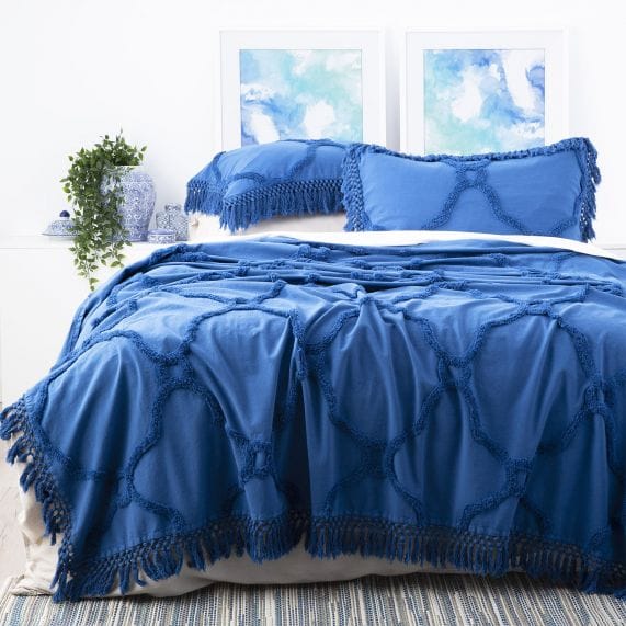 Park Avenue Coverlet Classic Blue / Queen/King Moroccan 100% Cotton Chenille Vintage Washed Tufted Bed Cover Set