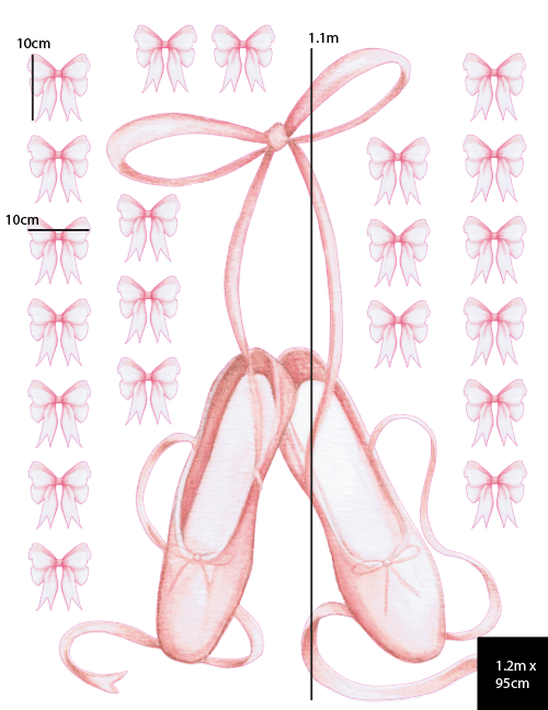 Polka Art Wall Decal Ballet Slippers & Bows Australian Design Hand Painted Peel & Stick, Removable Wall Decal. Nursery, Kids Playroom, Kids Teens Bedroom