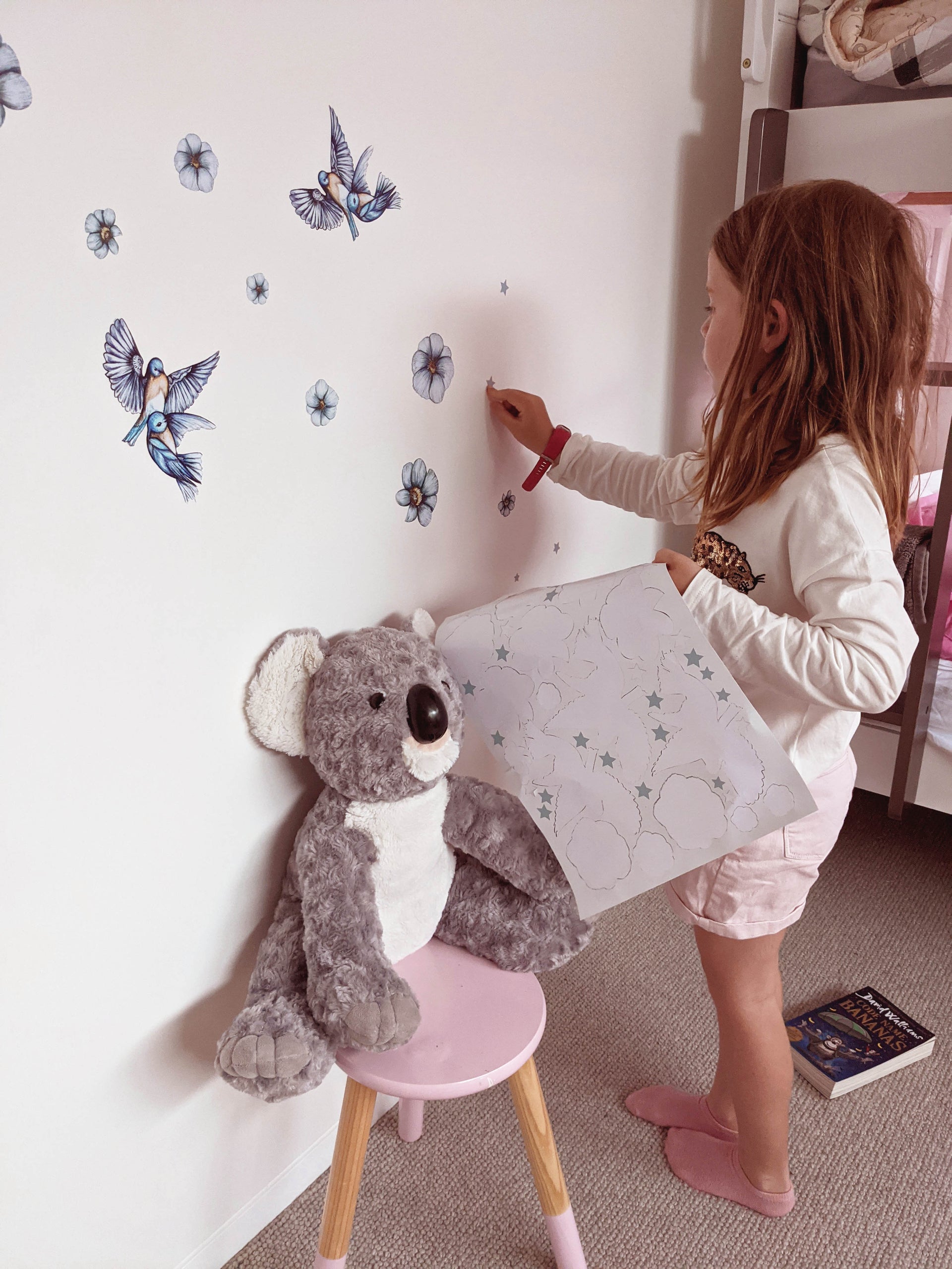 Polka Art Wall Decal Blue Blooms Australian Design Hand Painted Peel & Stick, Removable Wall Decal. Nursery, Kids Playroom, Kids Teens Bedroom