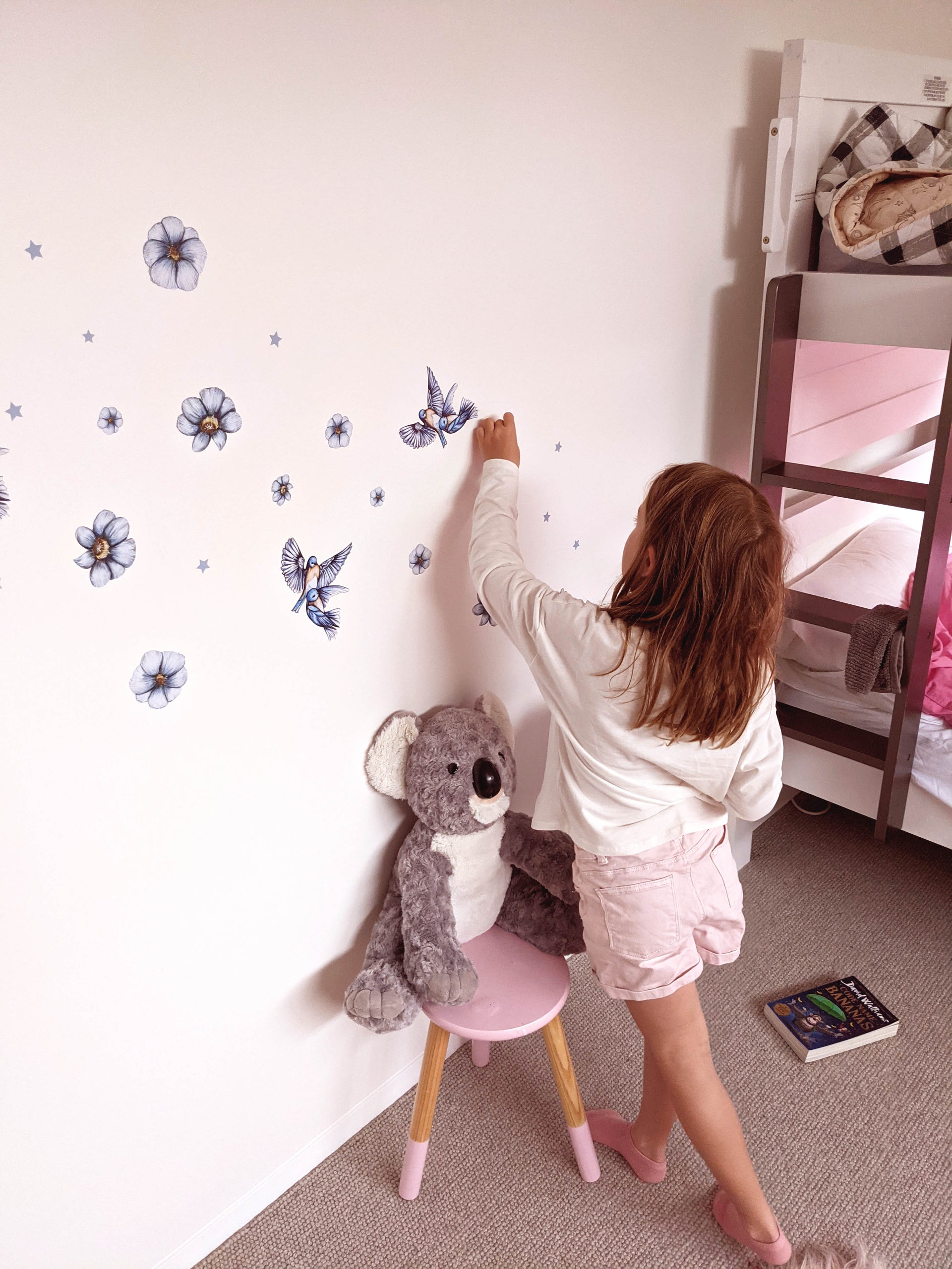 Polka Art Wall Decal Blue Blooms Australian Design Hand Painted Peel & Stick, Removable Wall Decal. Nursery, Kids Playroom, Kids Teens Bedroom