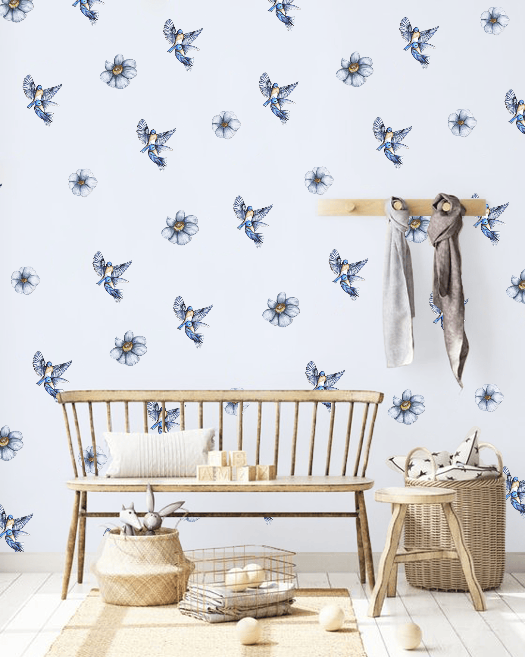 Polka Art Wall Decal Blue Blooms Australian Design Hand Painted Peel & Stick, Removable Wall Decal. Nursery, Kids Playroom, Kids Teens Bedroom