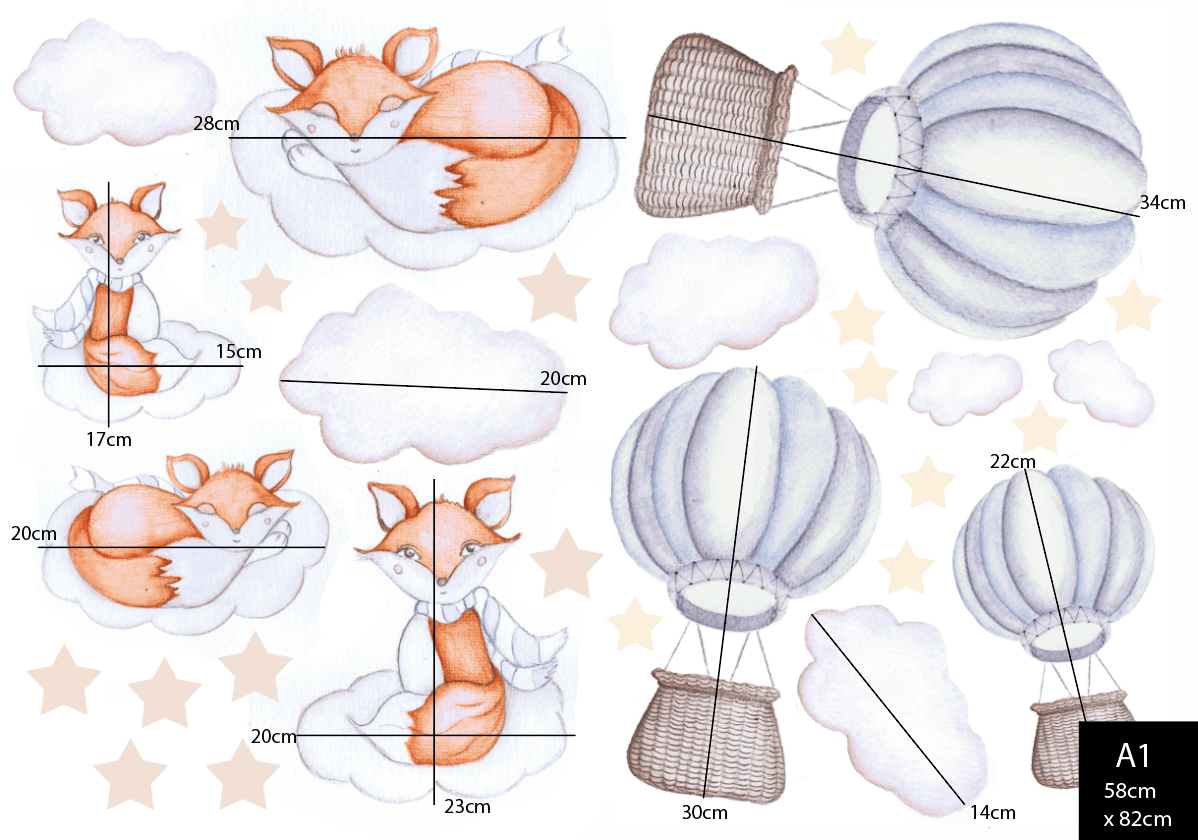 Polka Art Wall Decal Dreamy Foxes Australian Design Hand Painted Peel & Stick, Removable Wall Decal. Nursery, Kids Playroom, Kids Teens Bedroom