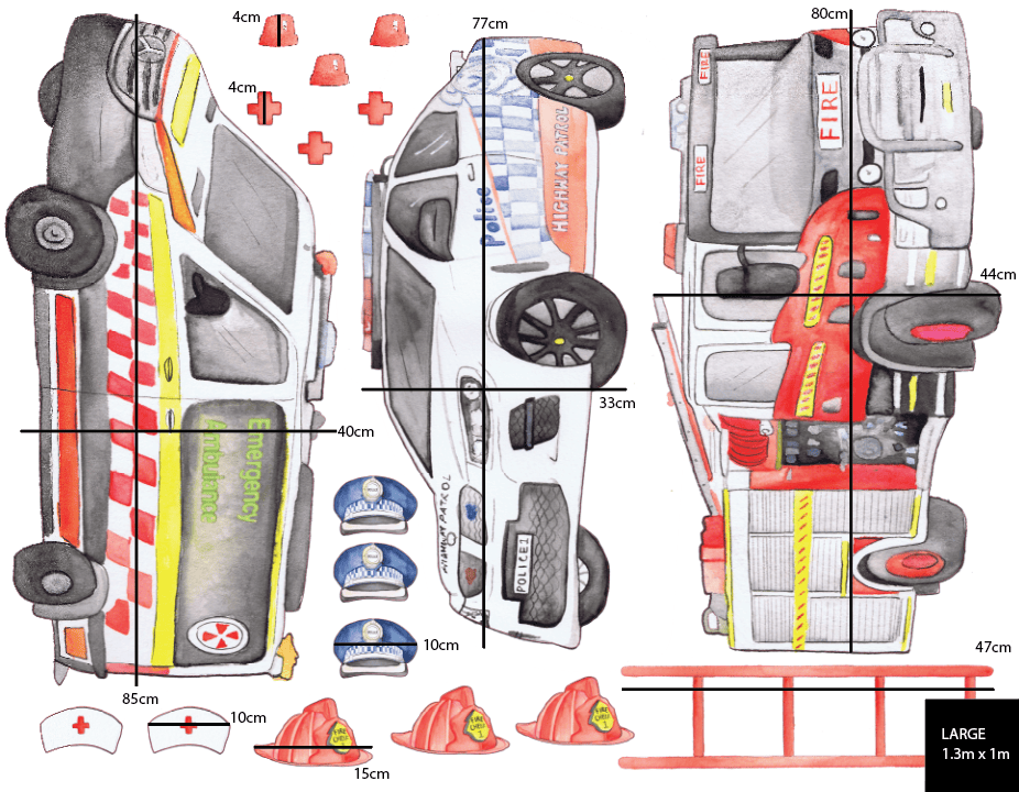 Polka Art Wall Decal Emergency Vehicles Australian Design Hand Painted Peel & Stick, Removable Wall Decal. Nursery, Kids Playroom, Kids Teens Bedroom