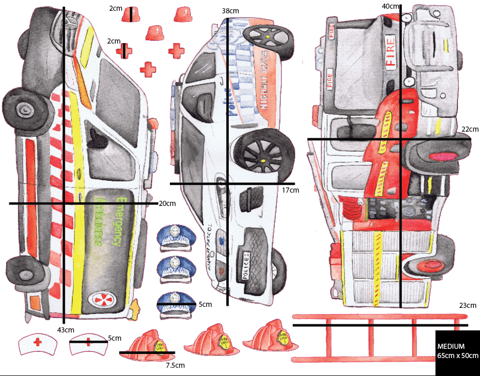 Polka Art Wall Decal Emergency Vehicles Australian Design Hand Painted Peel & Stick, Removable Wall Decal. Nursery, Kids Playroom, Kids Teens Bedroom