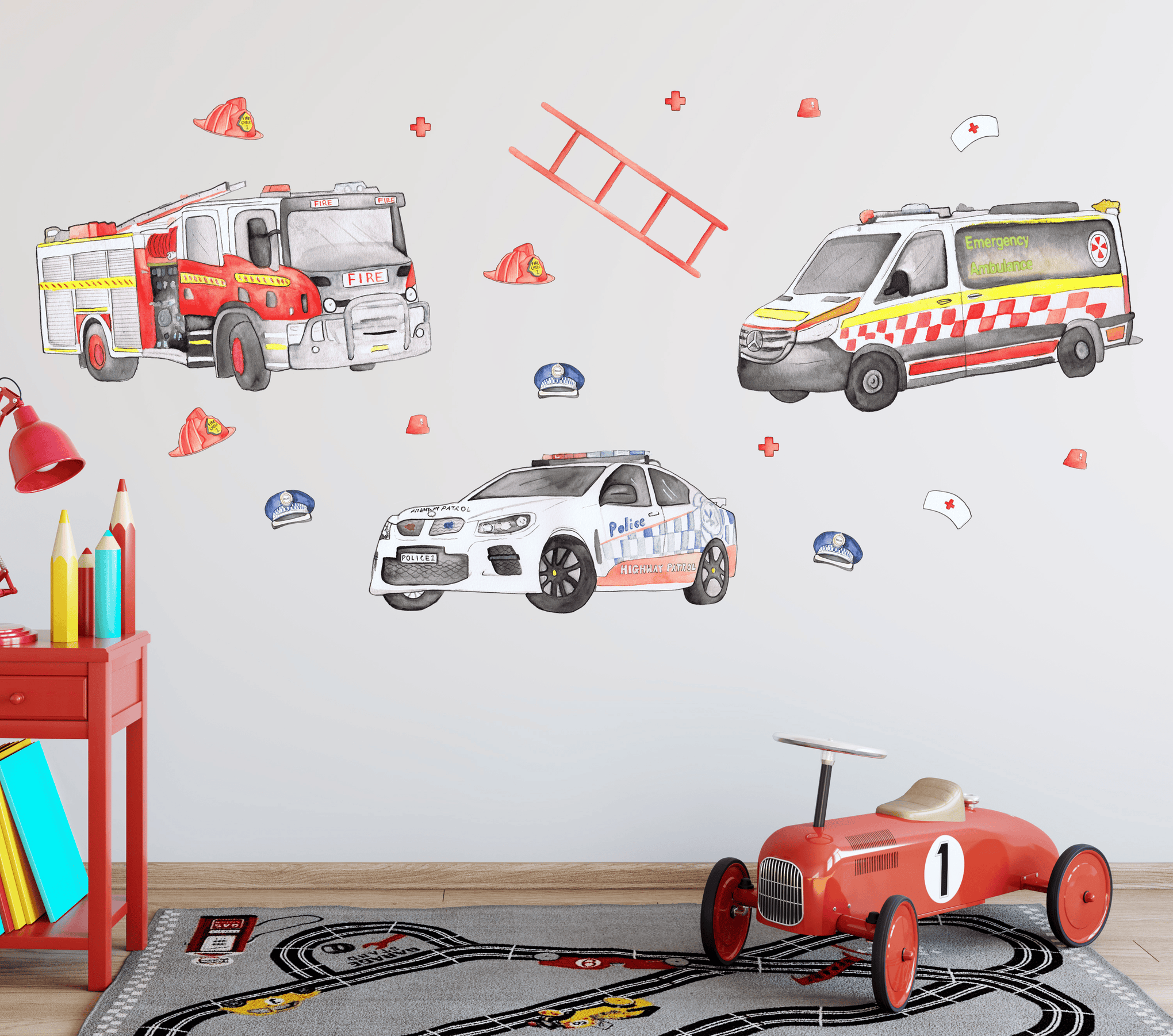 Polka Art Wall Decal Emergency Vehicles Australian Design Hand Painted Peel & Stick, Removable Wall Decal. Nursery, Kids Playroom, Kids Teens Bedroom