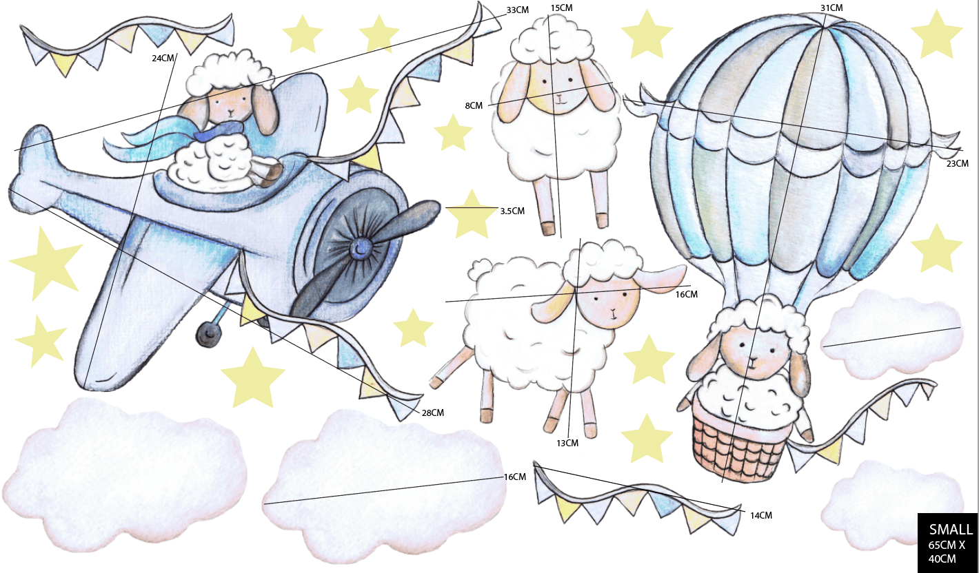 Polka Art Wall Decal Flying Sheep Australian Design Hand Painted Peel & Stick, Removable Wall Decal. Nursery, Kids Playroom, Kids Teens Bedroom