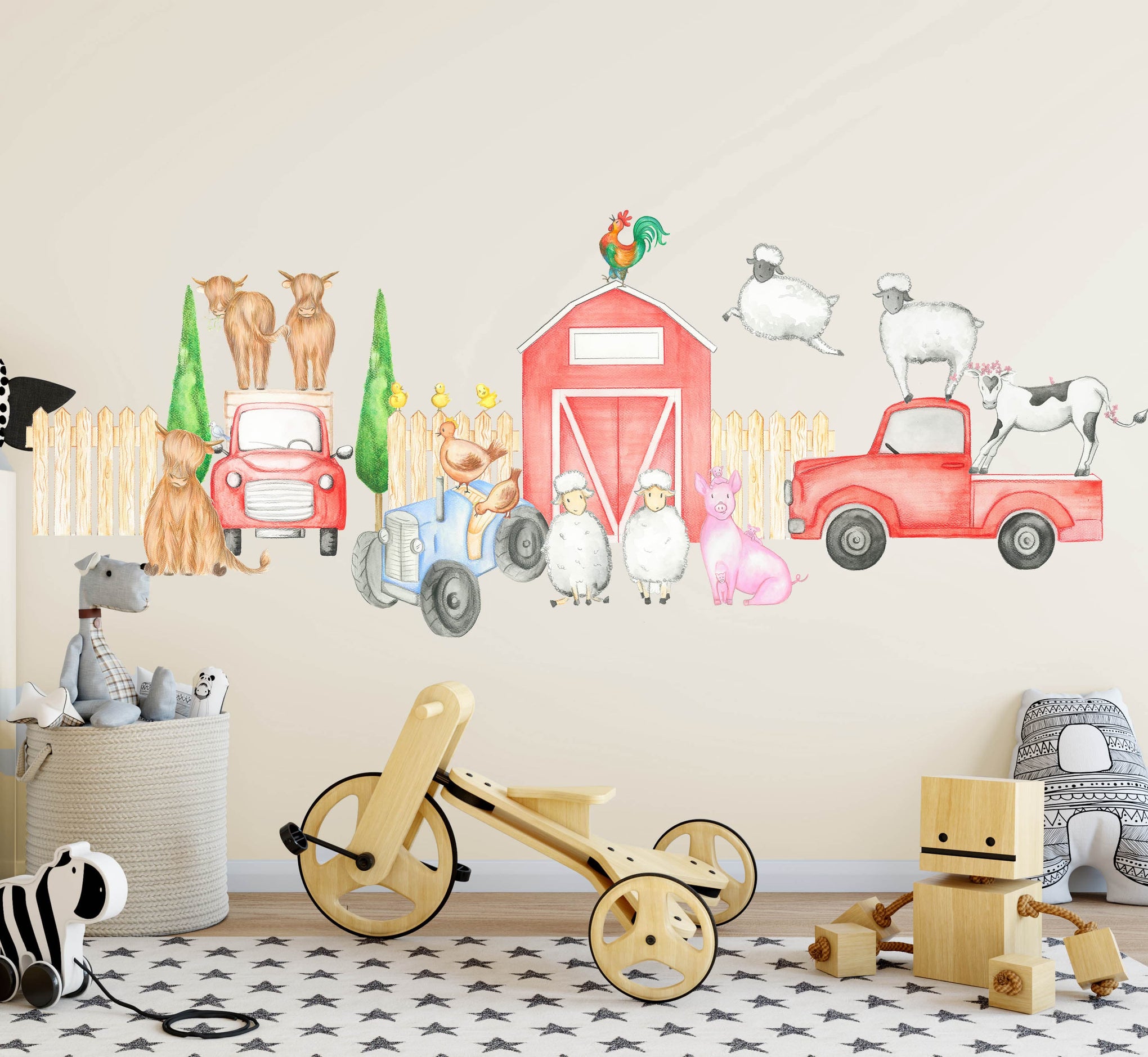 Polka Art Wall Decal Large (1.25m x 65cm) Farm Animal Wall Decals Australian Design Hand Painted Peel & Stick, Removable Wall Decal. Nursery, Kids Playroom, Kids Teens Bedroom