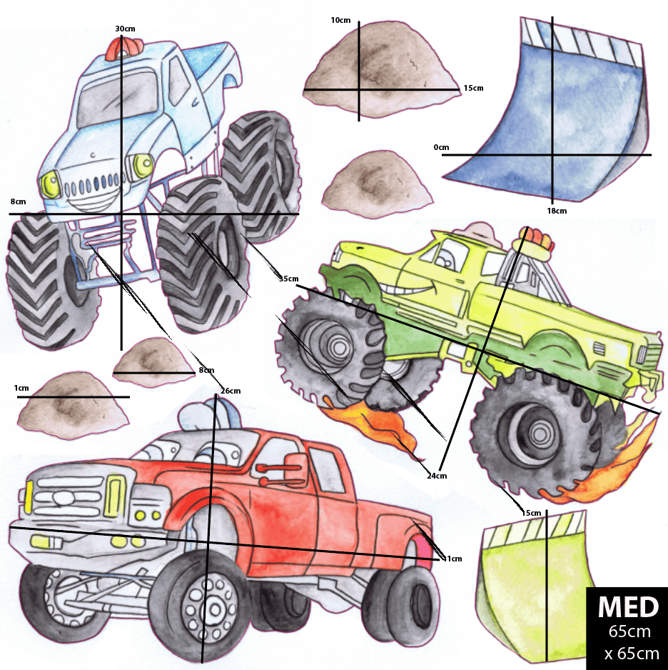 Polka Art Wall Decal Monster Trucks Australian Design Hand Painted Peel & Stick, Removable Wall Decal. Nursery, Kids Playroom, Kids Teens Bedroom