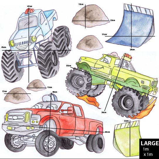 Polka Art Wall Decal Monster Trucks Australian Design Hand Painted Peel & Stick, Removable Wall Decal. Nursery, Kids Playroom, Kids Teens Bedroom