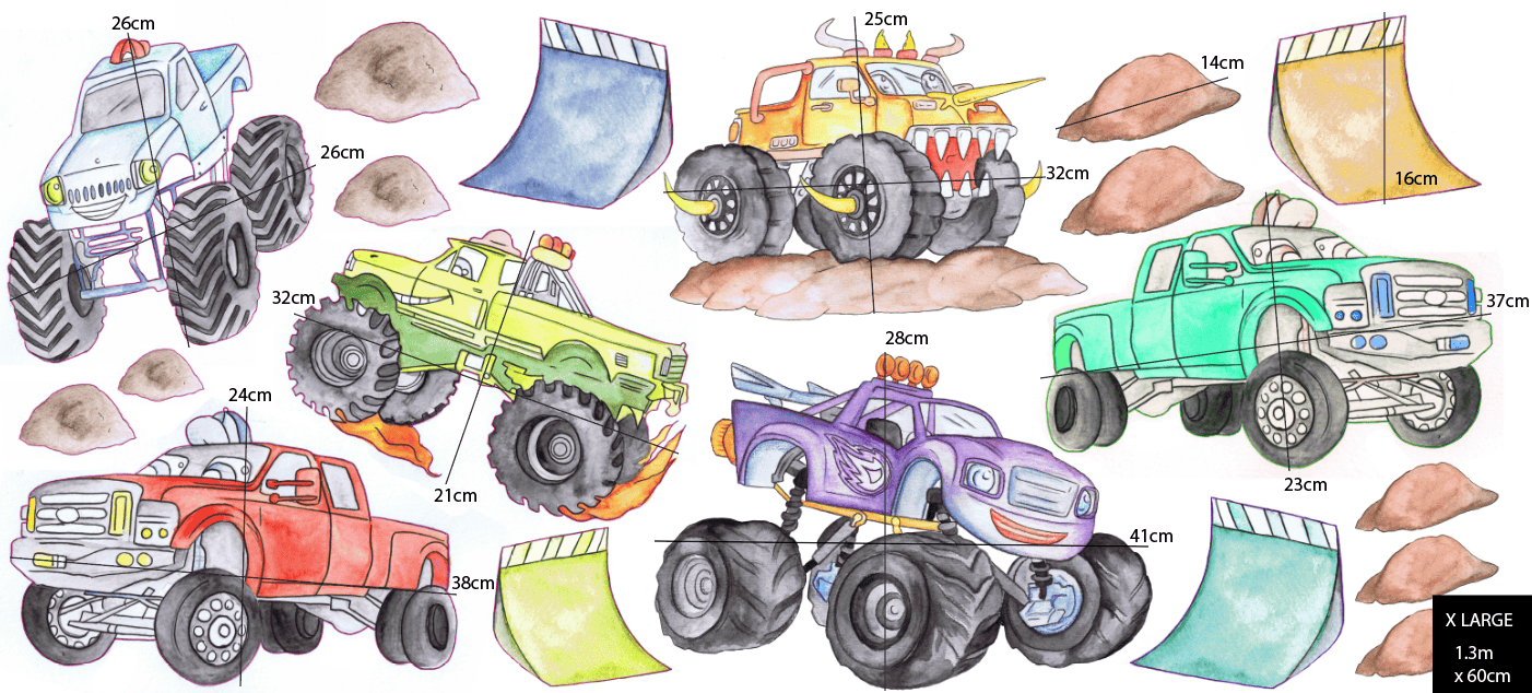 Polka Art Wall Decal Monster Trucks Australian Design Hand Painted Peel & Stick, Removable Wall Decal. Nursery, Kids Playroom, Kids Teens Bedroom