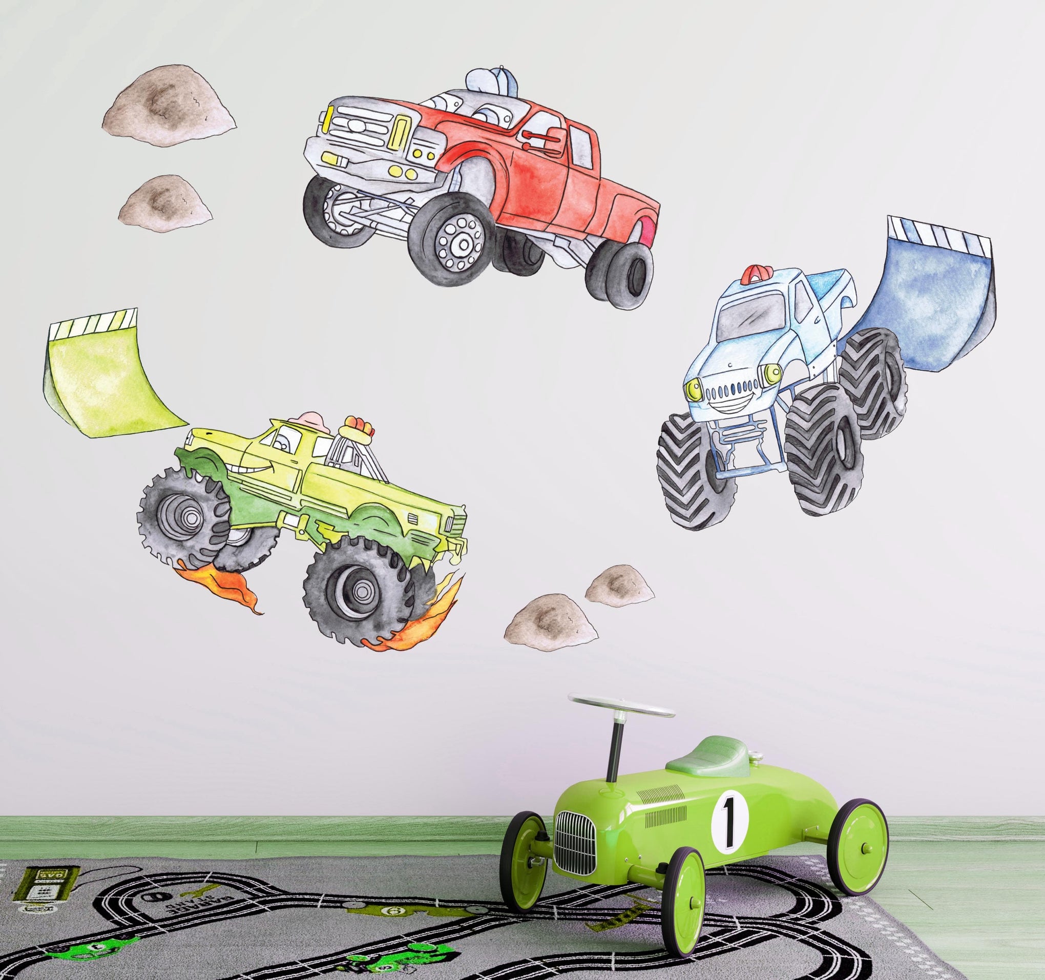 Polka Art Wall Decal Monster Trucks Australian Design Hand Painted Peel & Stick, Removable Wall Decal. Nursery, Kids Playroom, Kids Teens Bedroom