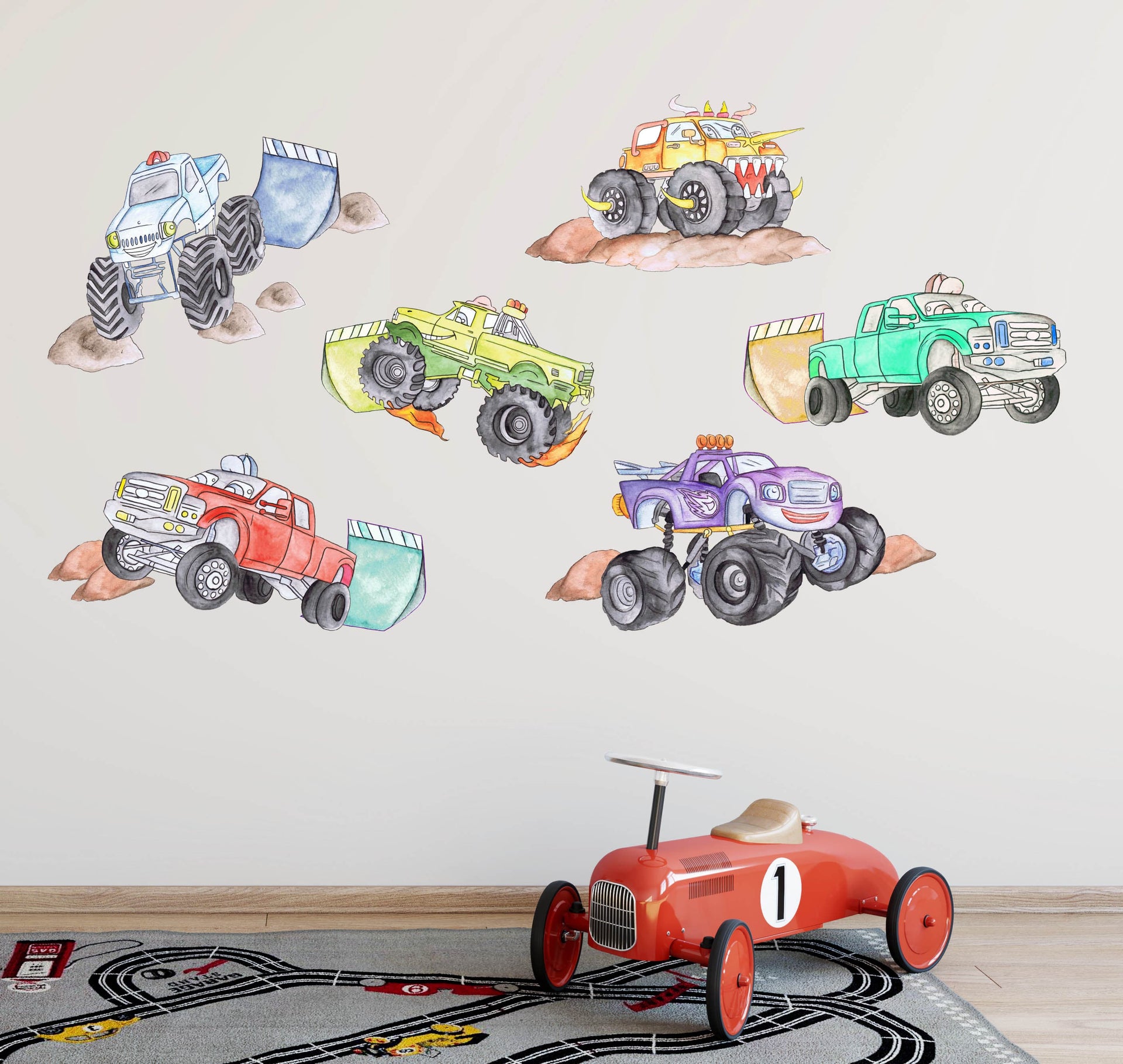 Polka Art Wall Decal Monster Trucks Australian Design Hand Painted Peel & Stick, Removable Wall Decal. Nursery, Kids Playroom, Kids Teens Bedroom