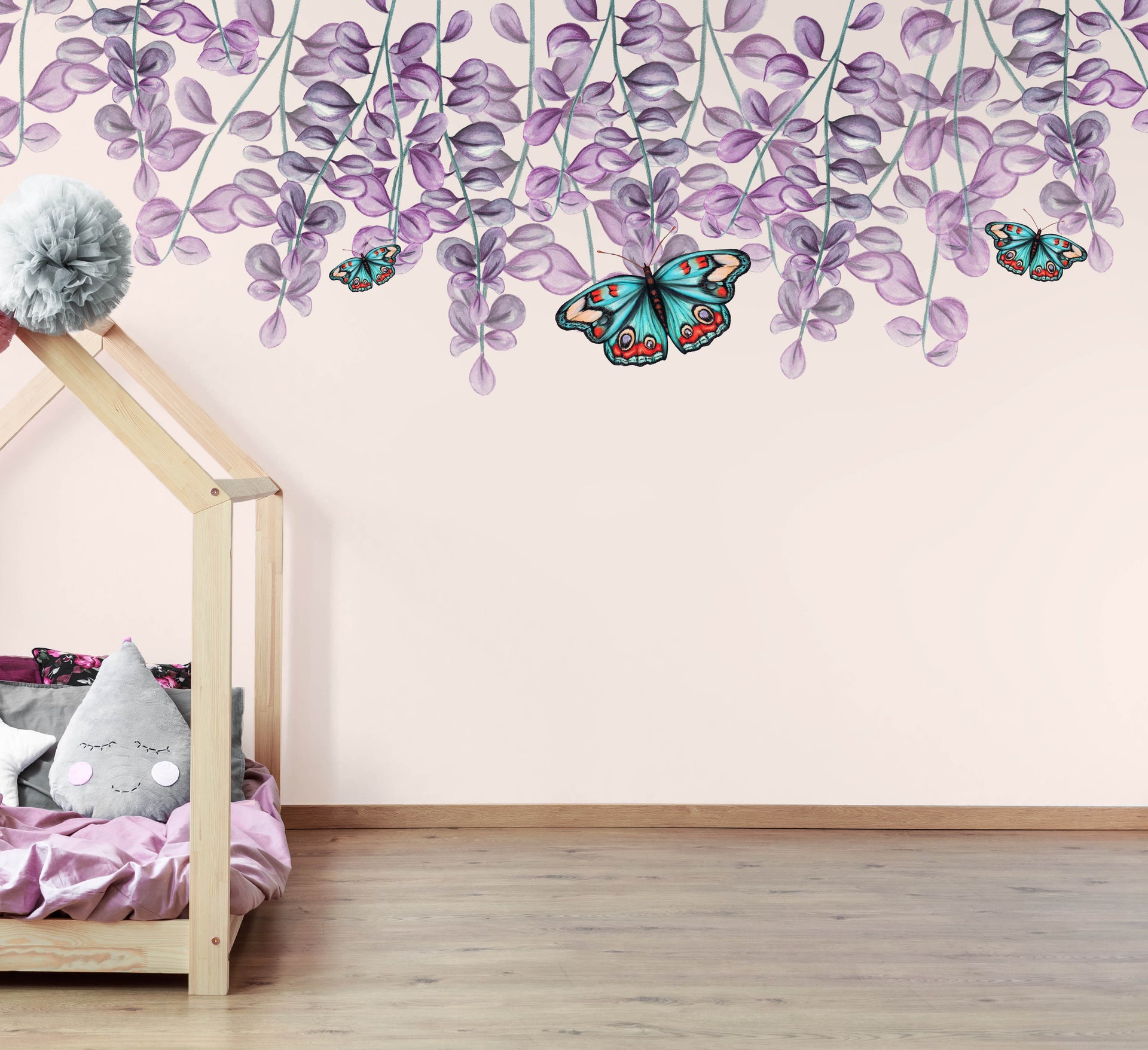 Polka Art Wall Decal Purple Florals Australian Design Hand Painted Peel & Stick, Removable Wall Decal. Nursery, Kids Playroom, Kids Teens Bedroom