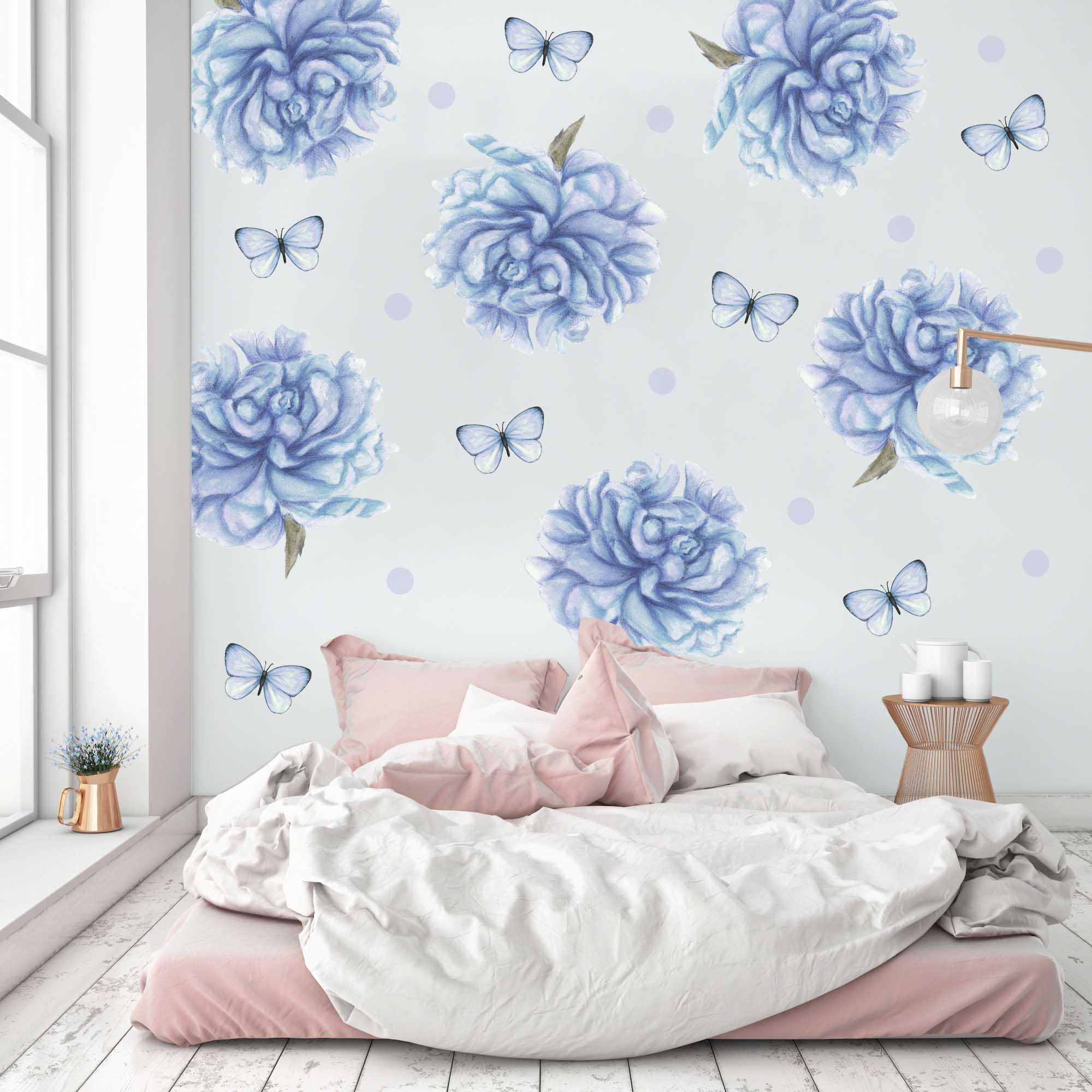 Polka Art Wall Decal Sprinkled Peonies Australian Design Hand Painted Peel & Stick, Removable Wall Decal. Nursery, Kids Playroom, Kids Teens Bedroom