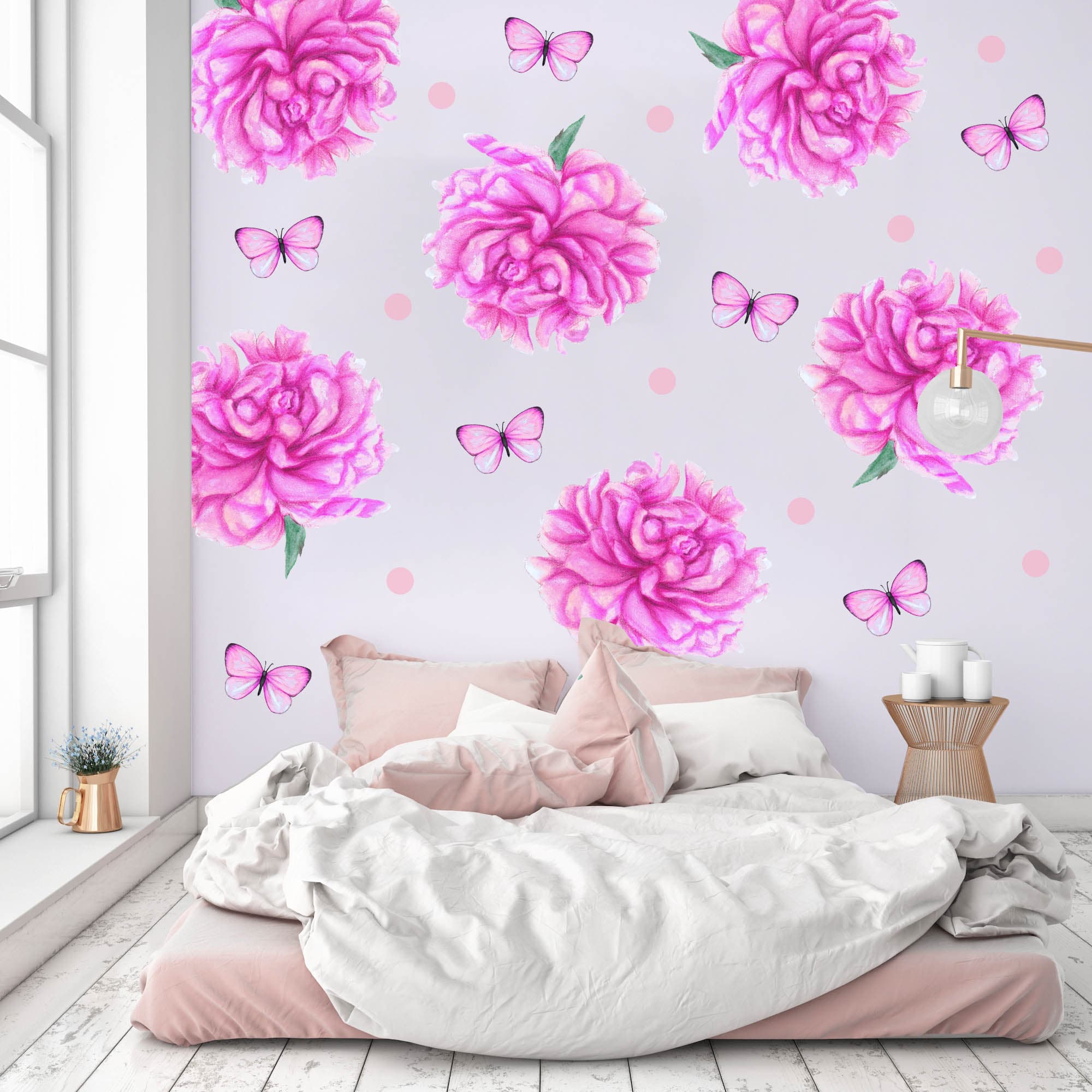 Polka Art Wall Decal Sprinkled Peonies Australian Design Hand Painted Peel & Stick, Removable Wall Decal. Nursery, Kids Playroom, Kids Teens Bedroom