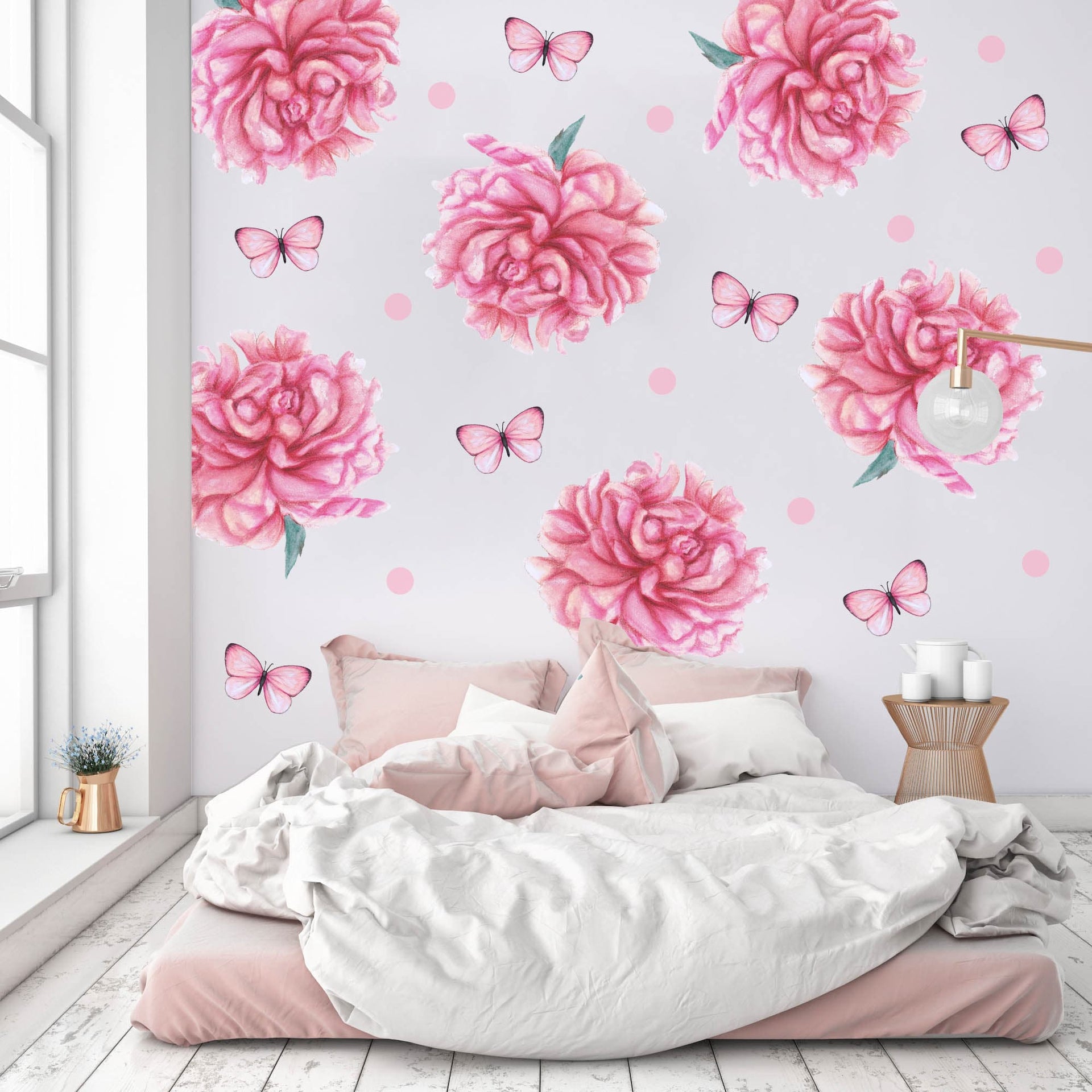 Polka Art Wall Decal Sprinkled Peonies Australian Design Hand Painted Peel & Stick, Removable Wall Decal. Nursery, Kids Playroom, Kids Teens Bedroom