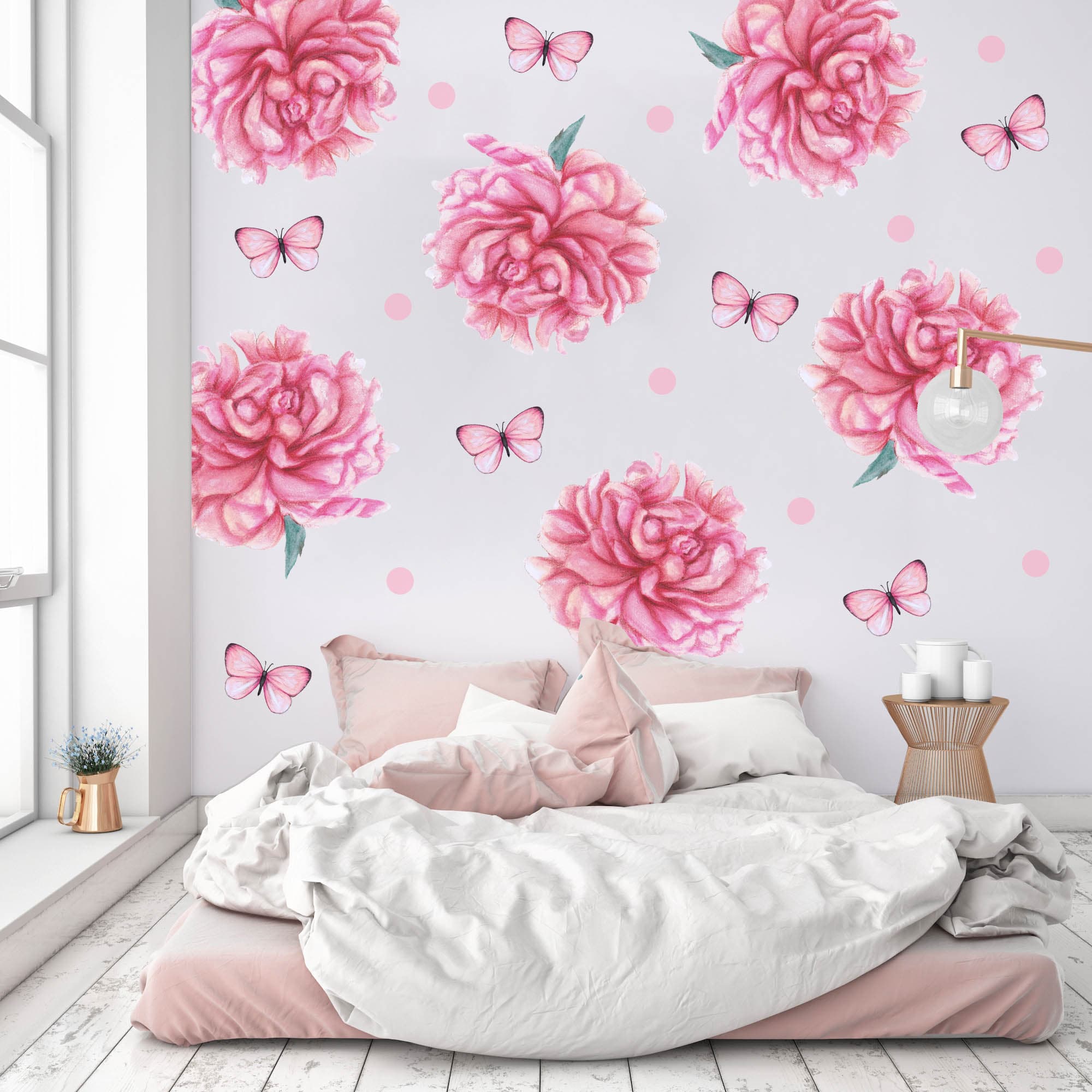Polka Art Wall Decal Sprinkled Peonies Australian Design Hand Painted Peel & Stick, Removable Wall Decal. Nursery, Kids Playroom, Kids Teens Bedroom
