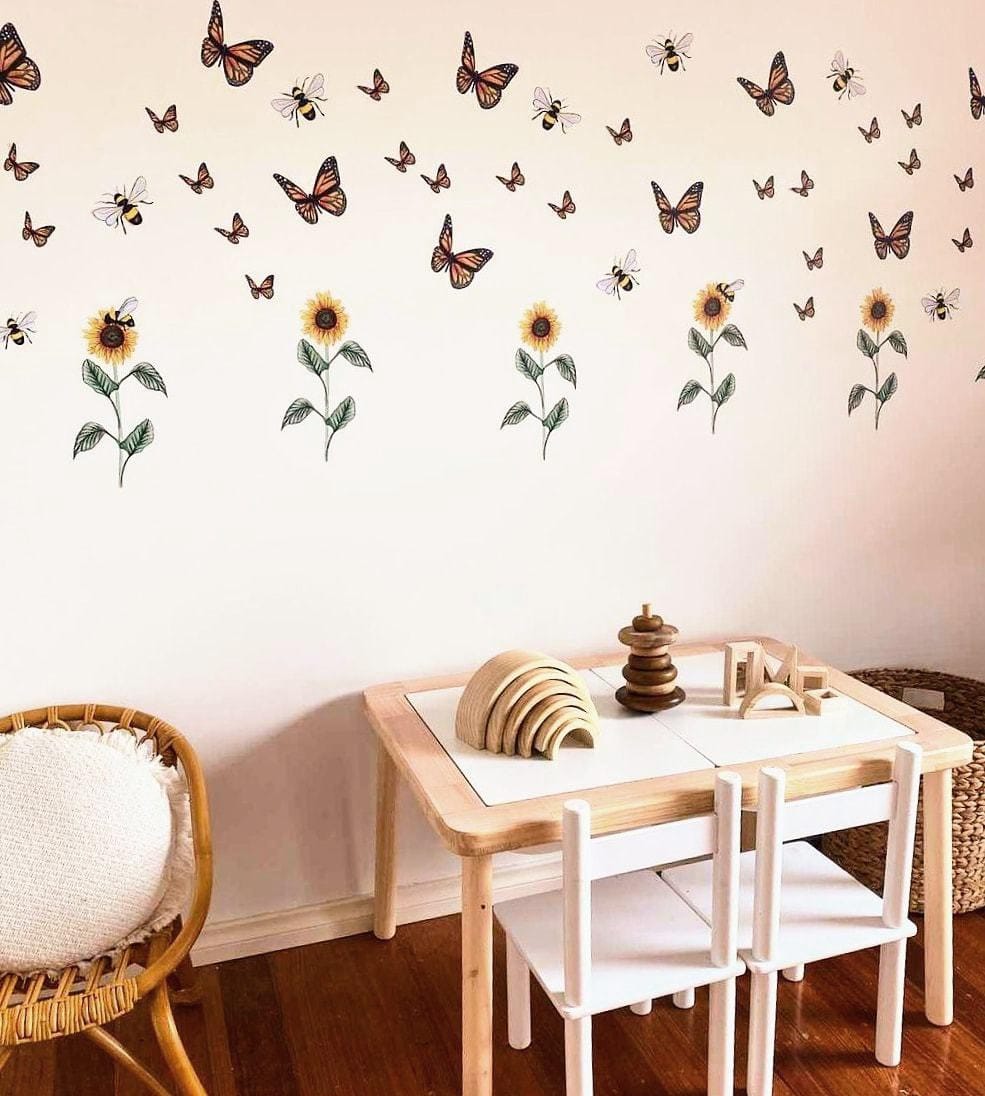 Polka Art Wall Decal Sunflowers, Bees and Butterflies Australian Design Hand Painted Peel & Stick, Removable Wall Decal. Nursery, Kids Playroom, Kids Teens Bedroom