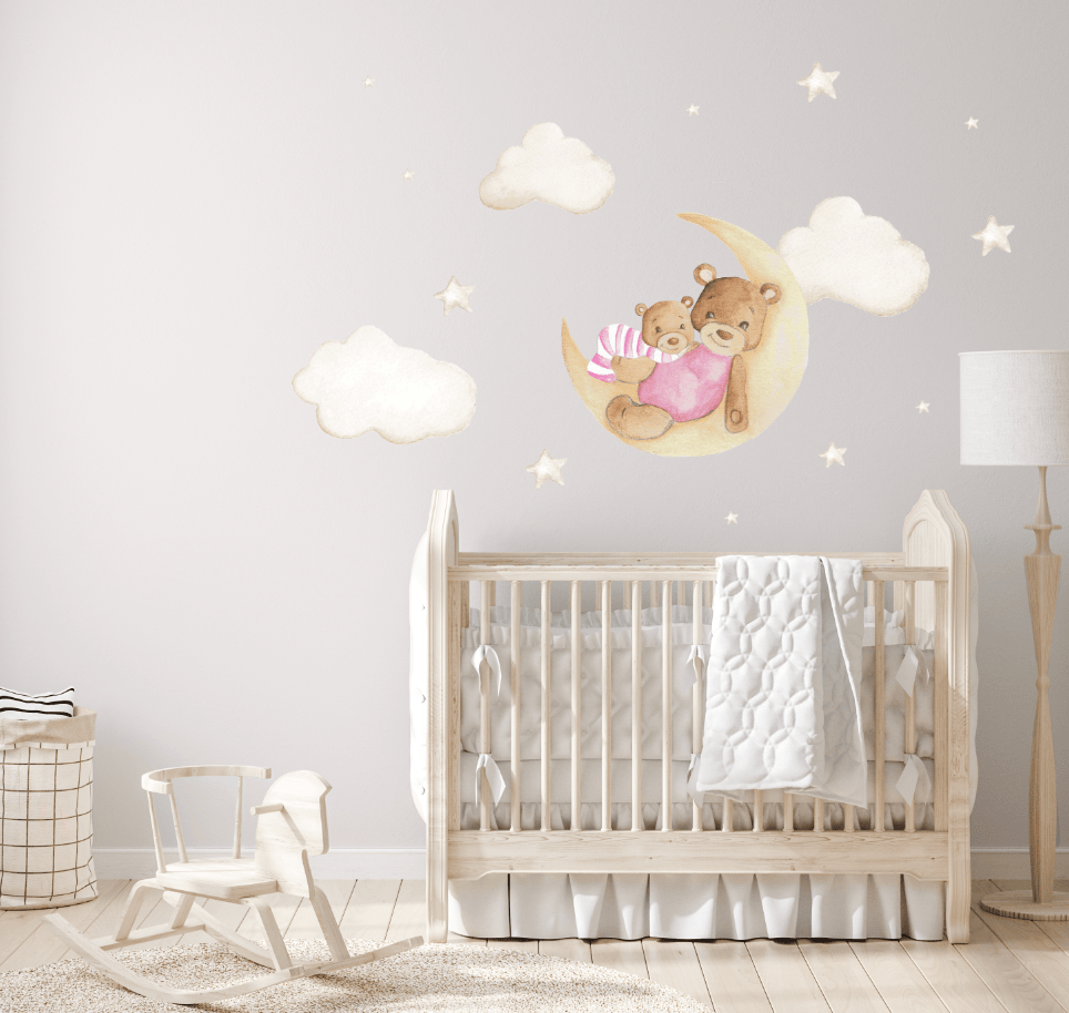 Polka Art Wall Decal Teddy Bear's on the Moon Australian Design Hand Painted Peel & Stick, Removable Wall Decal. Nursery, Kids Playroom, Kids Teens Bedroom