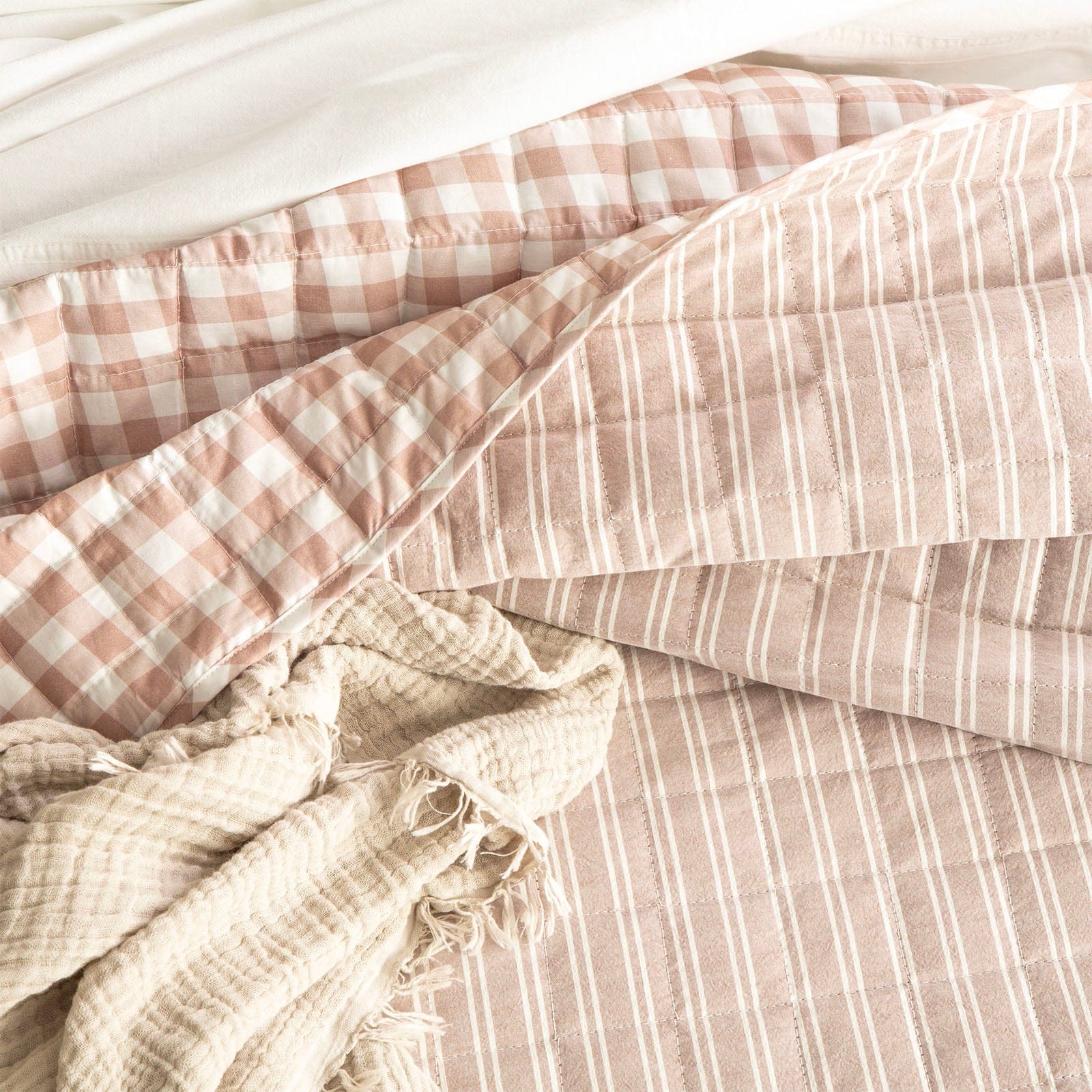 Renee Taylor Coverlet Alison Yarn Dyed Cotton Reversible Quilted Coverlet Set - Clay