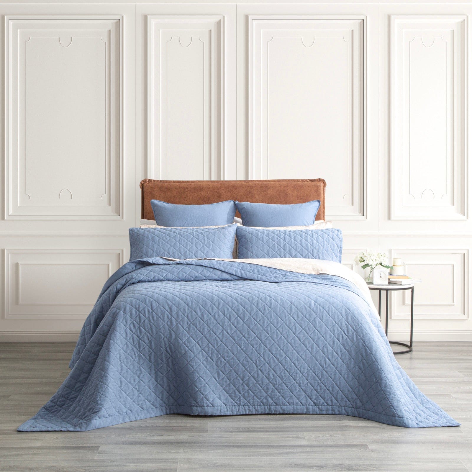 Renee Taylor Coverlet Cavallo Stone washed French Linen Quilted Bed Coverlet Set - Denim