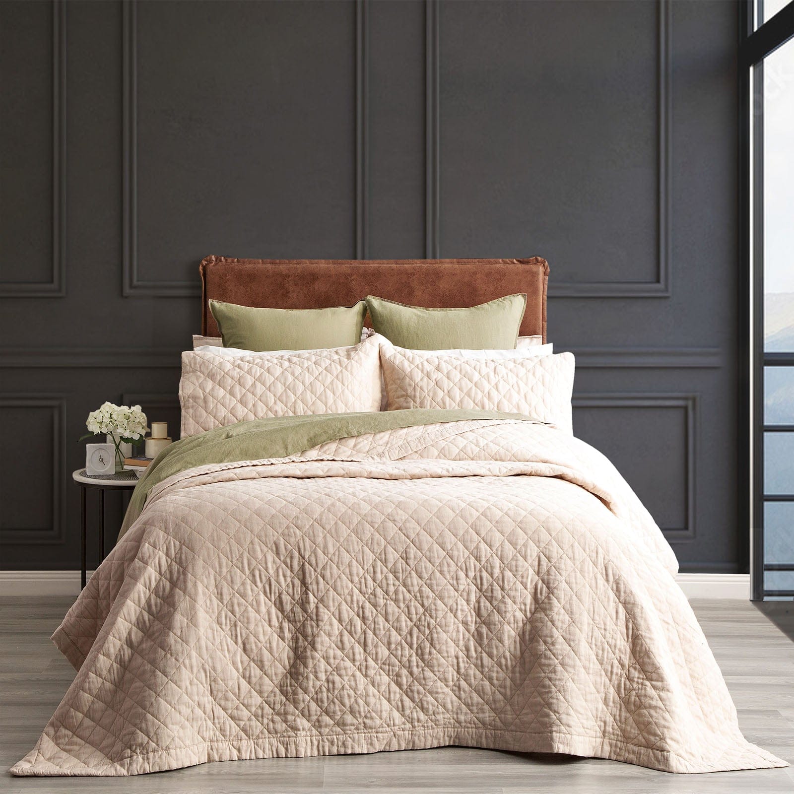 Renee Taylor Coverlet Cavallo Stone washed French Linen Quilted Bed Coverlet Set - Natural