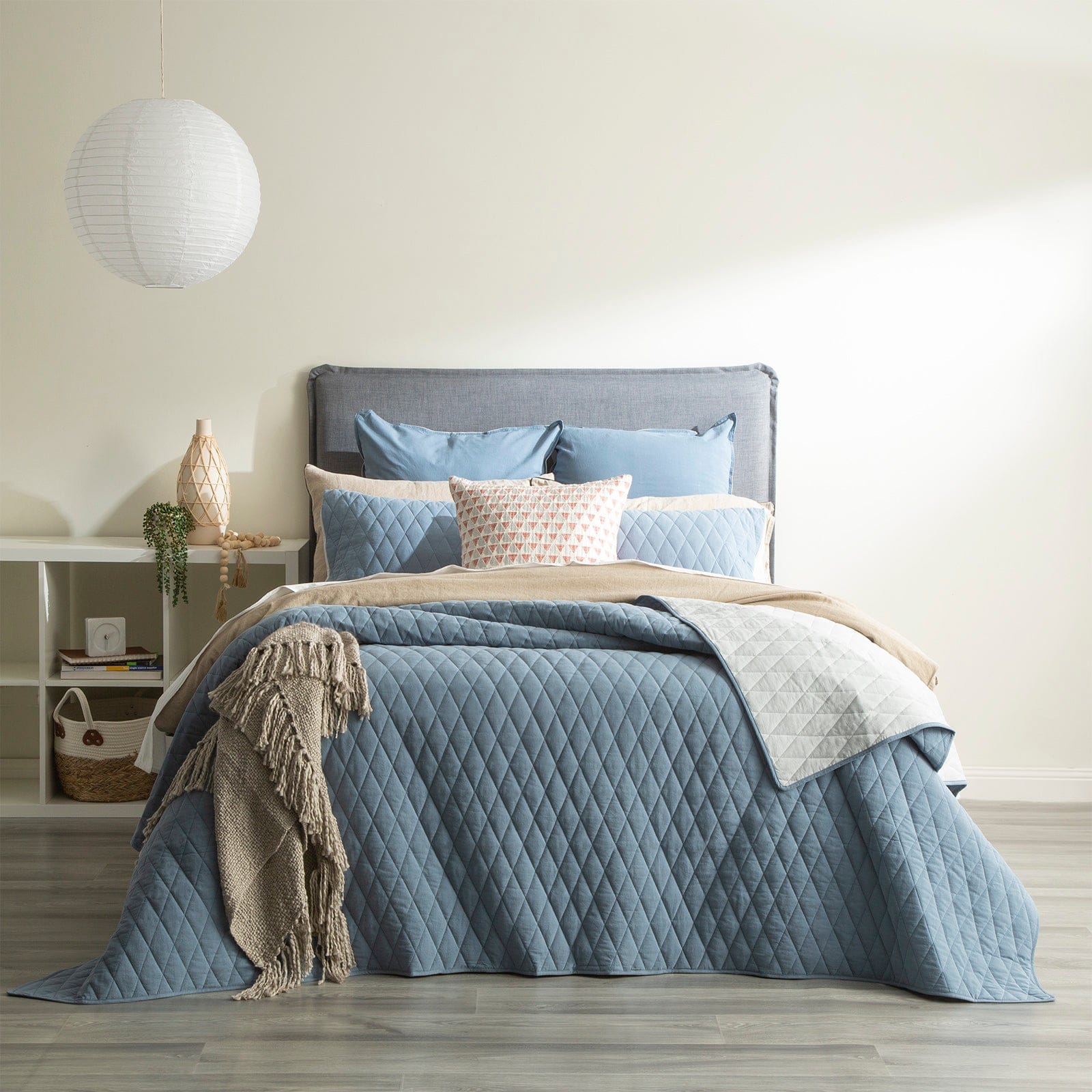 Renee Taylor Coverlet Diamante Vintage Stone Washed Cotton Reversible Quilted Coverlet Set - Blue