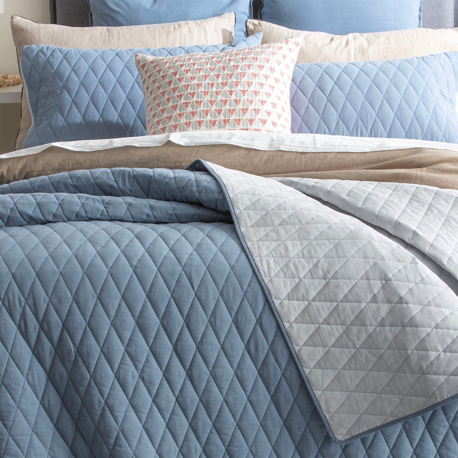 Renee Taylor Coverlet Diamante Vintage Stone Washed Cotton Reversible Quilted Coverlet Set - Blue
