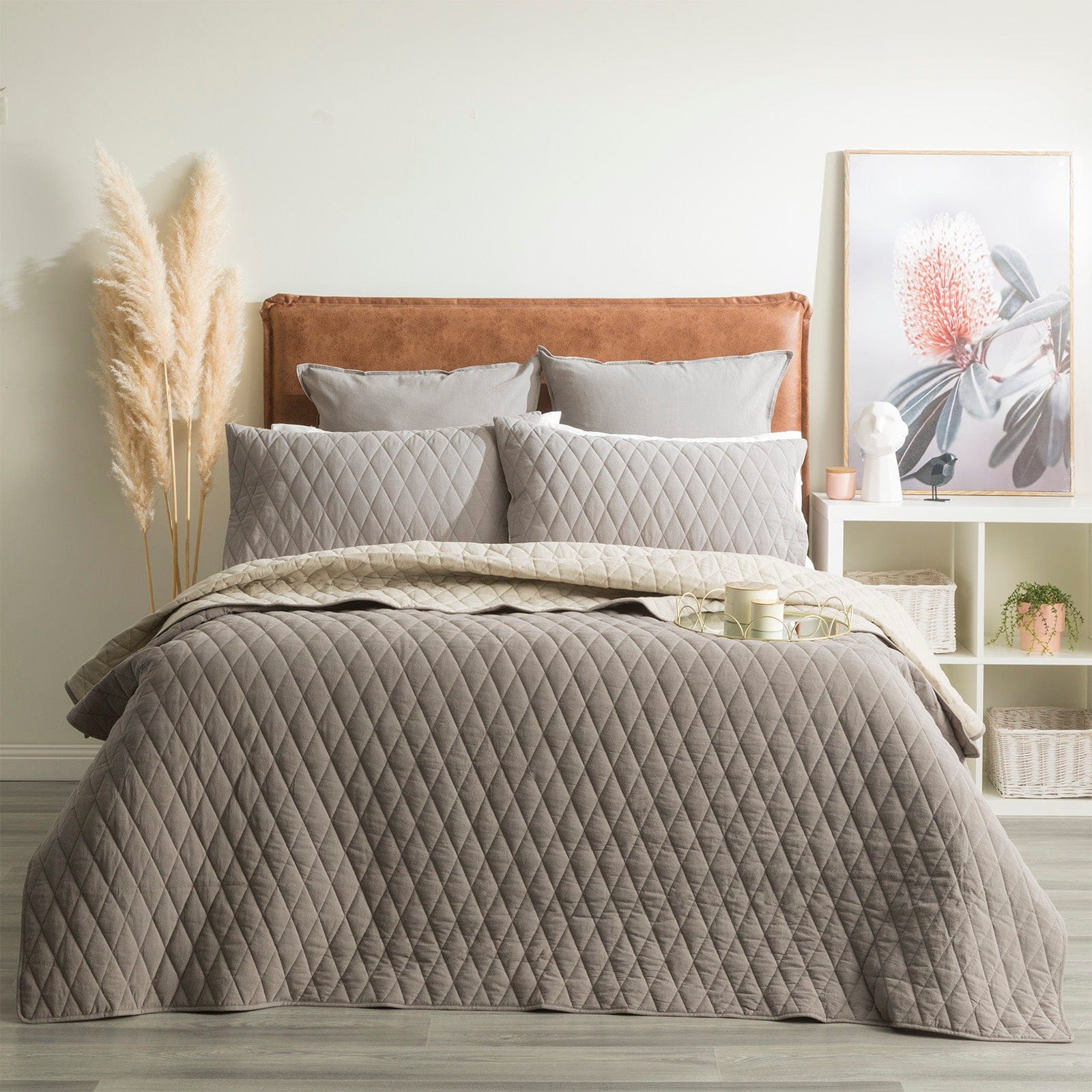 Renee Taylor Coverlet Diamante Vintage Stone Washed Cotton Reversible Quilted Coverlet Set - Charcoal