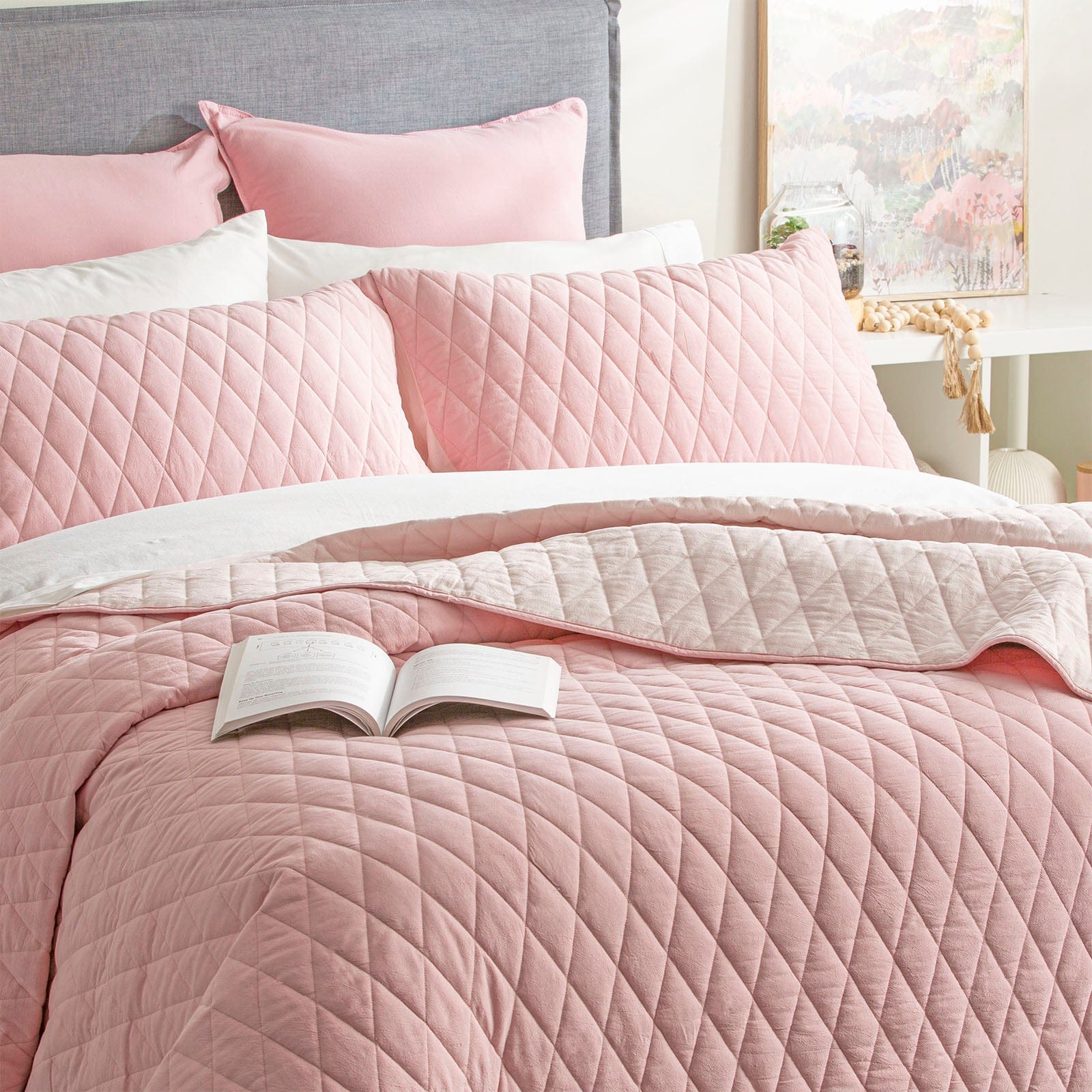 Renee Taylor Coverlet Diamante Vintage Stone Washed Cotton Reversible Quilted Coverlet Set - Rose