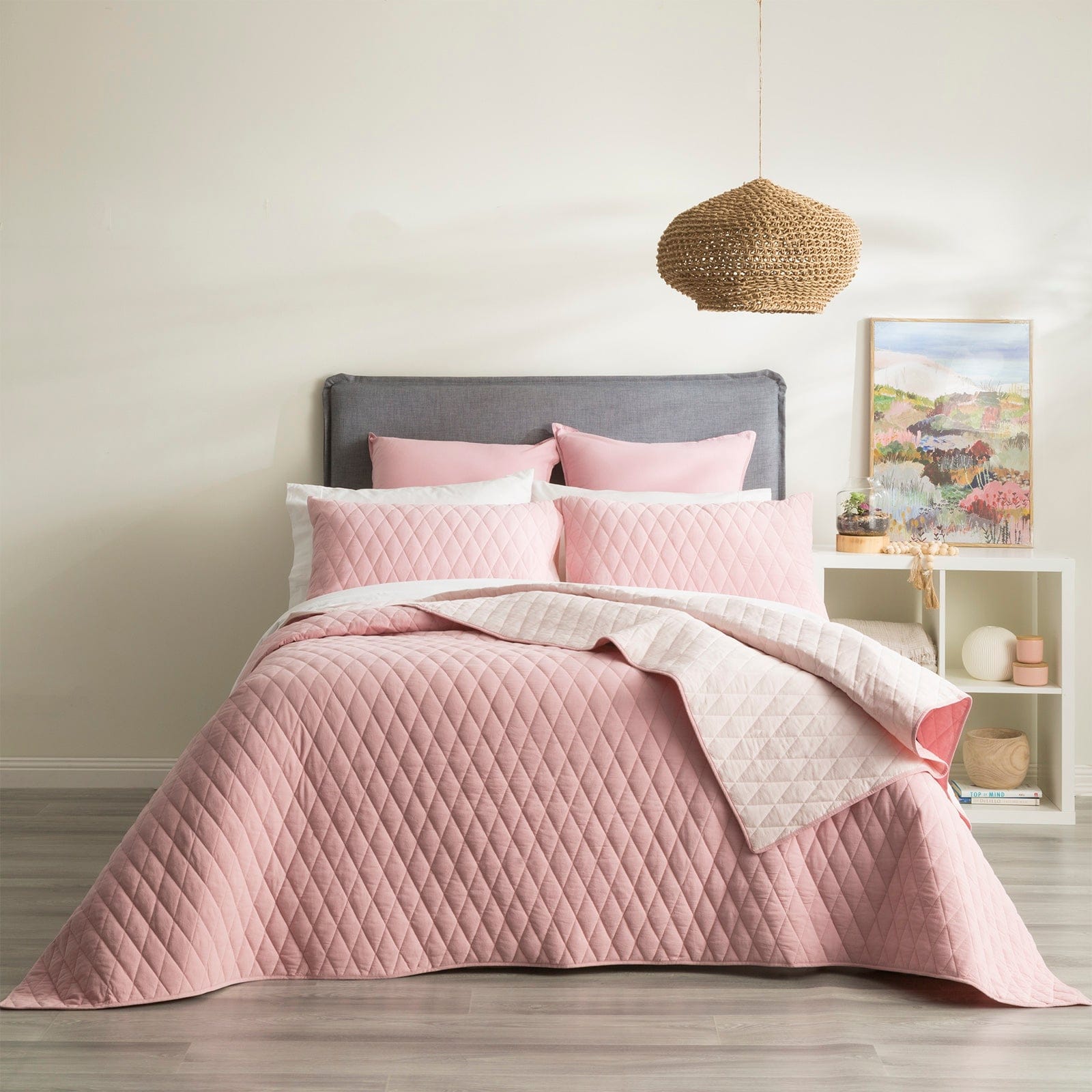 Renee Taylor Coverlet Diamante Vintage Stone Washed Cotton Reversible Quilted Coverlet Set - Rose