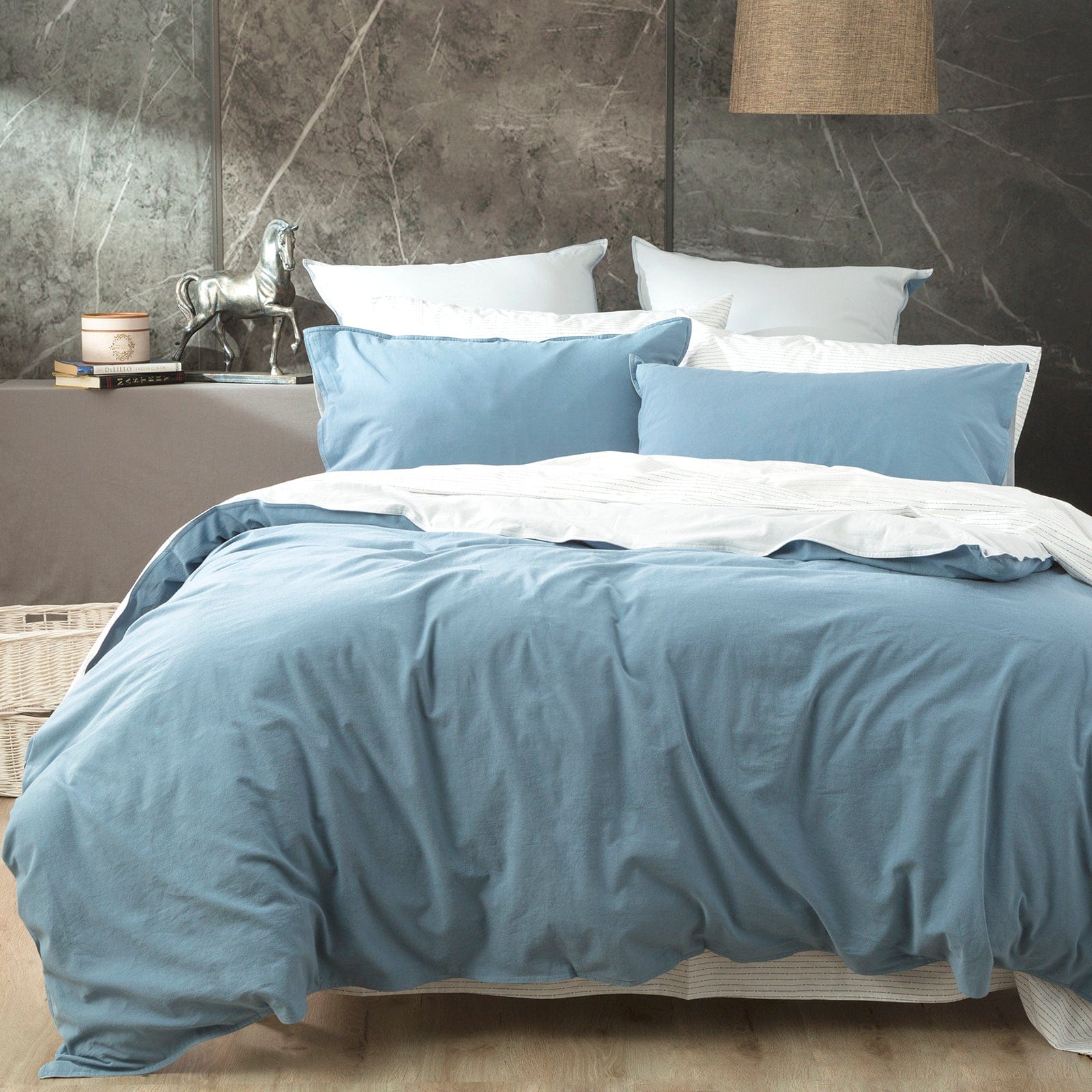 Renee Taylor Quilt Cover Essentials Vintage stone washed reversible Quilt Cover Set - Blue