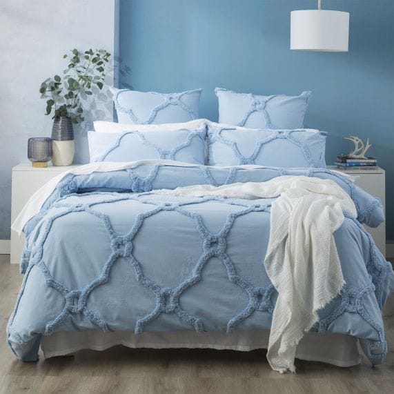 Renee Taylor Quilt Cover Moroccan Cotton Chenille Vintage Washed Tufted Quilt Cover Sets - Sky