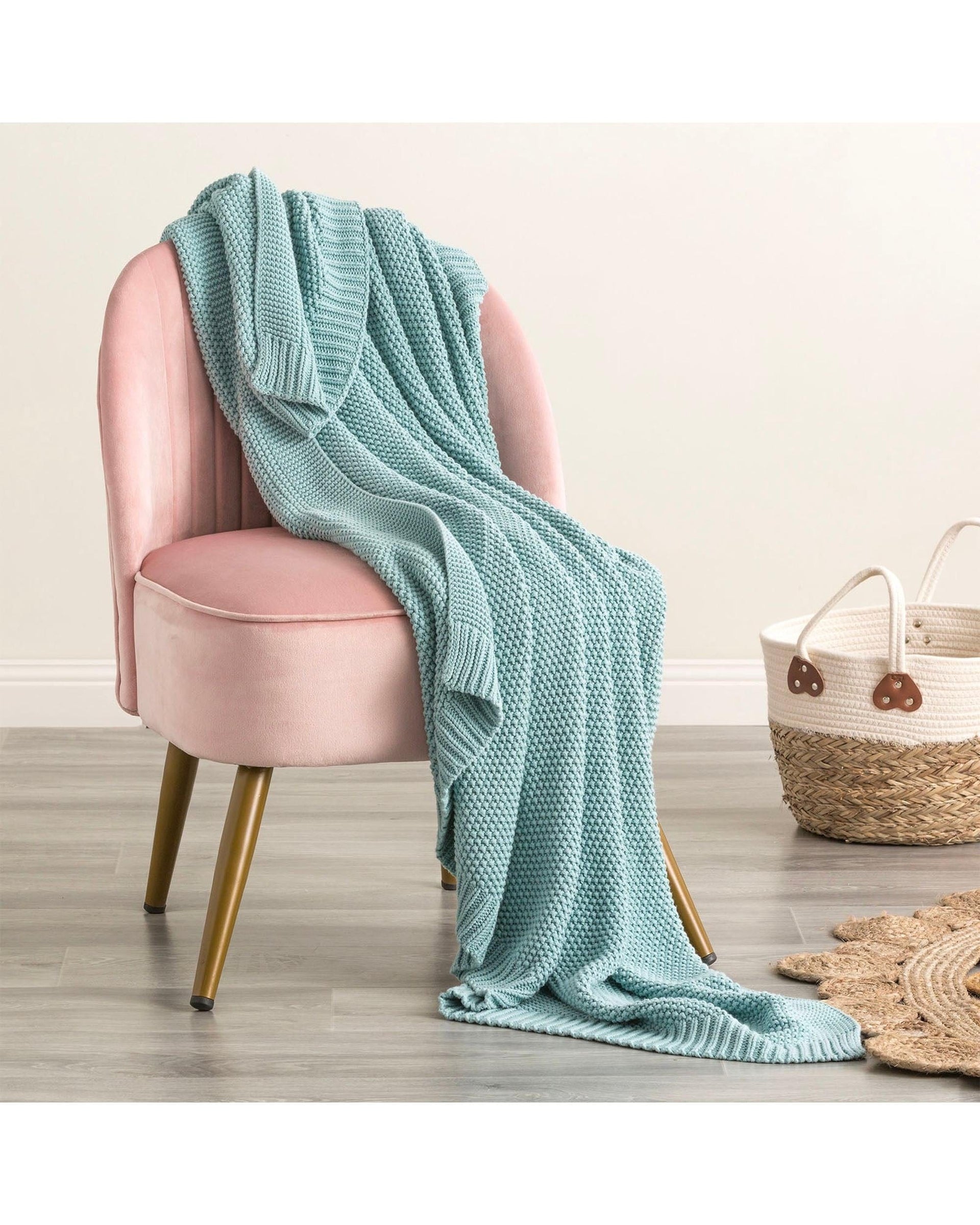 Renee Taylor Blanket Moss Seed Stitch 100% Cotton Knitted Throw 130 x 170 Cms French Blue