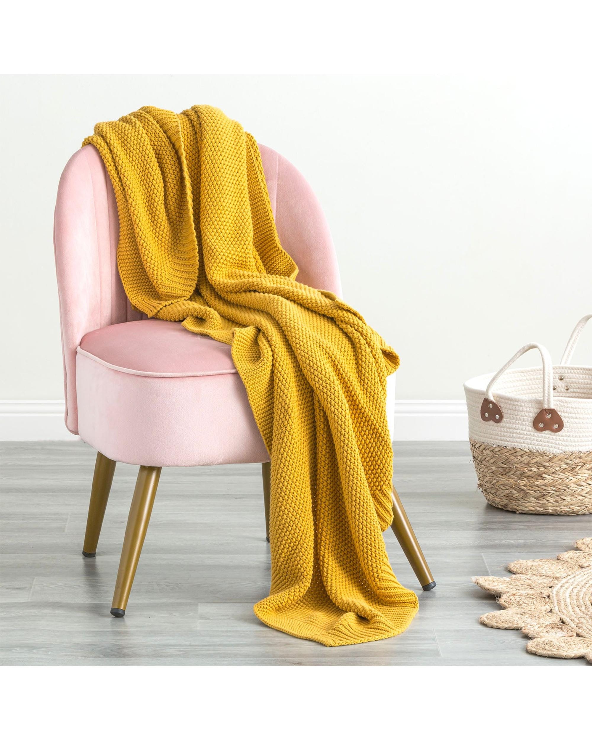 Renee Taylor Blanket Moss Seed Stitch 100% Cotton Knitted Throw 130 x 170 Cms Mustard