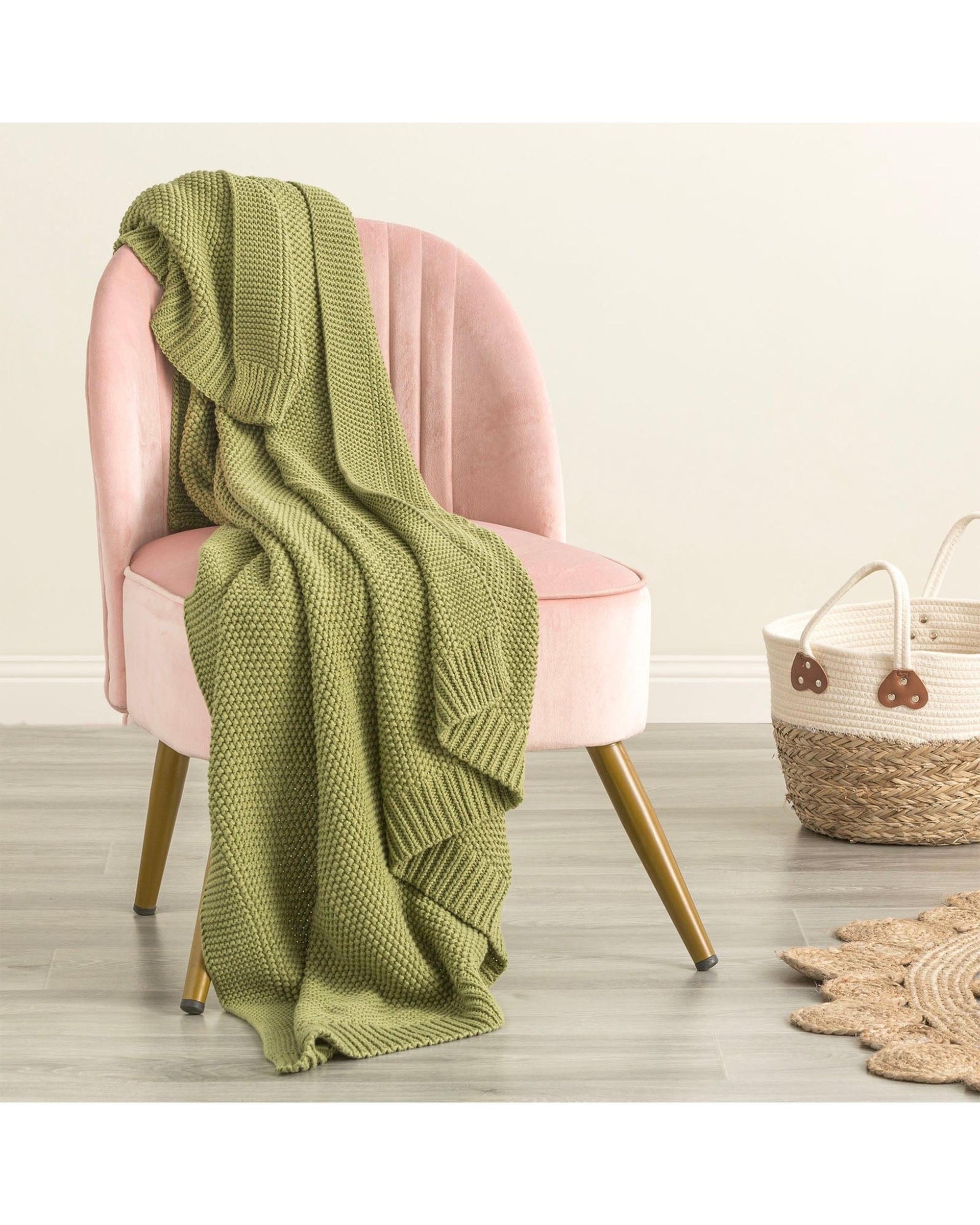Renee Taylor Blanket Moss Seed Stitch 100% Cotton Knitted Throw 130 x 170 Cms Sage