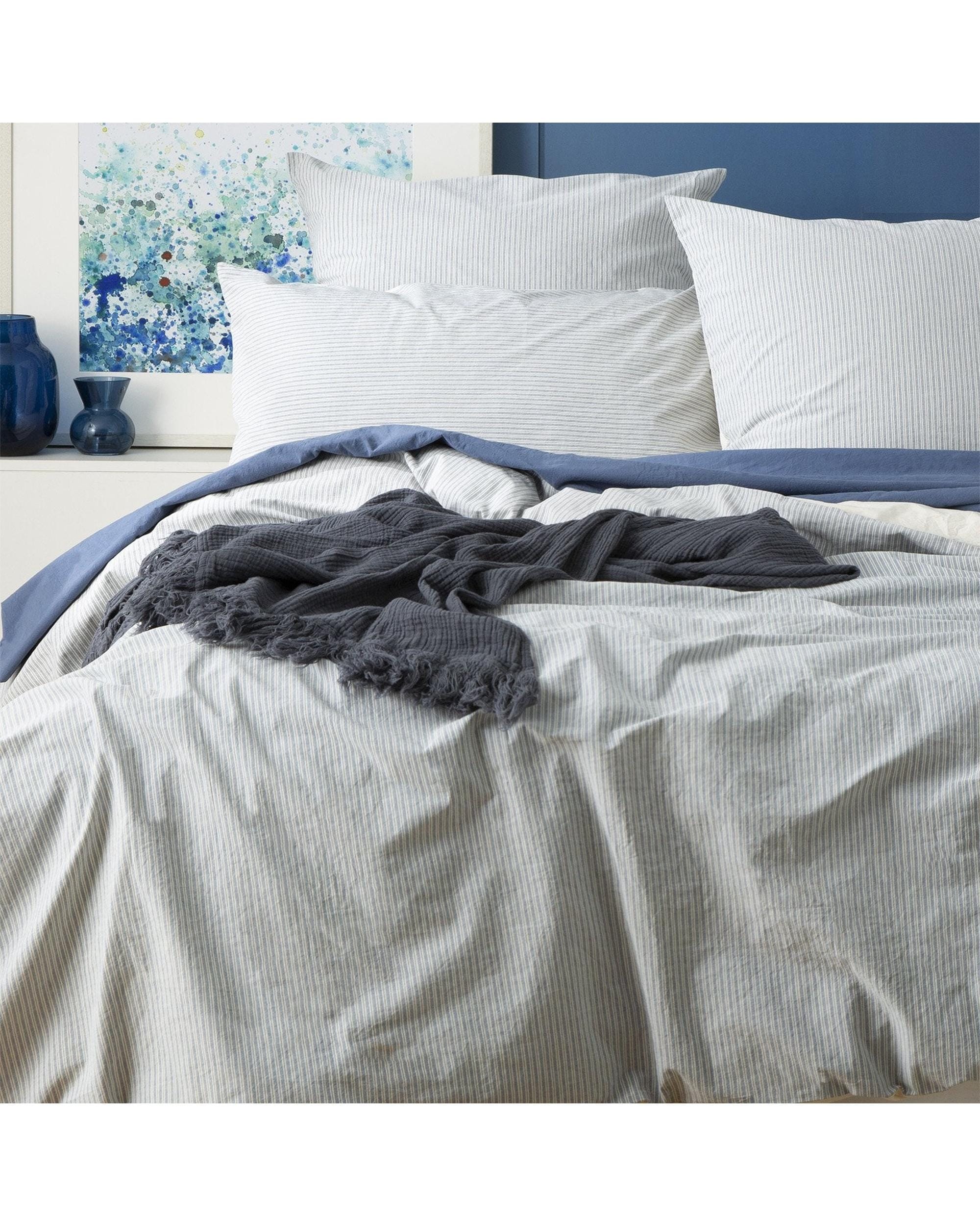 Renee Taylor Quilt Cover Portifino Yarn Dyed Vintage Washed Cotton Quilt Cover Set - Blue