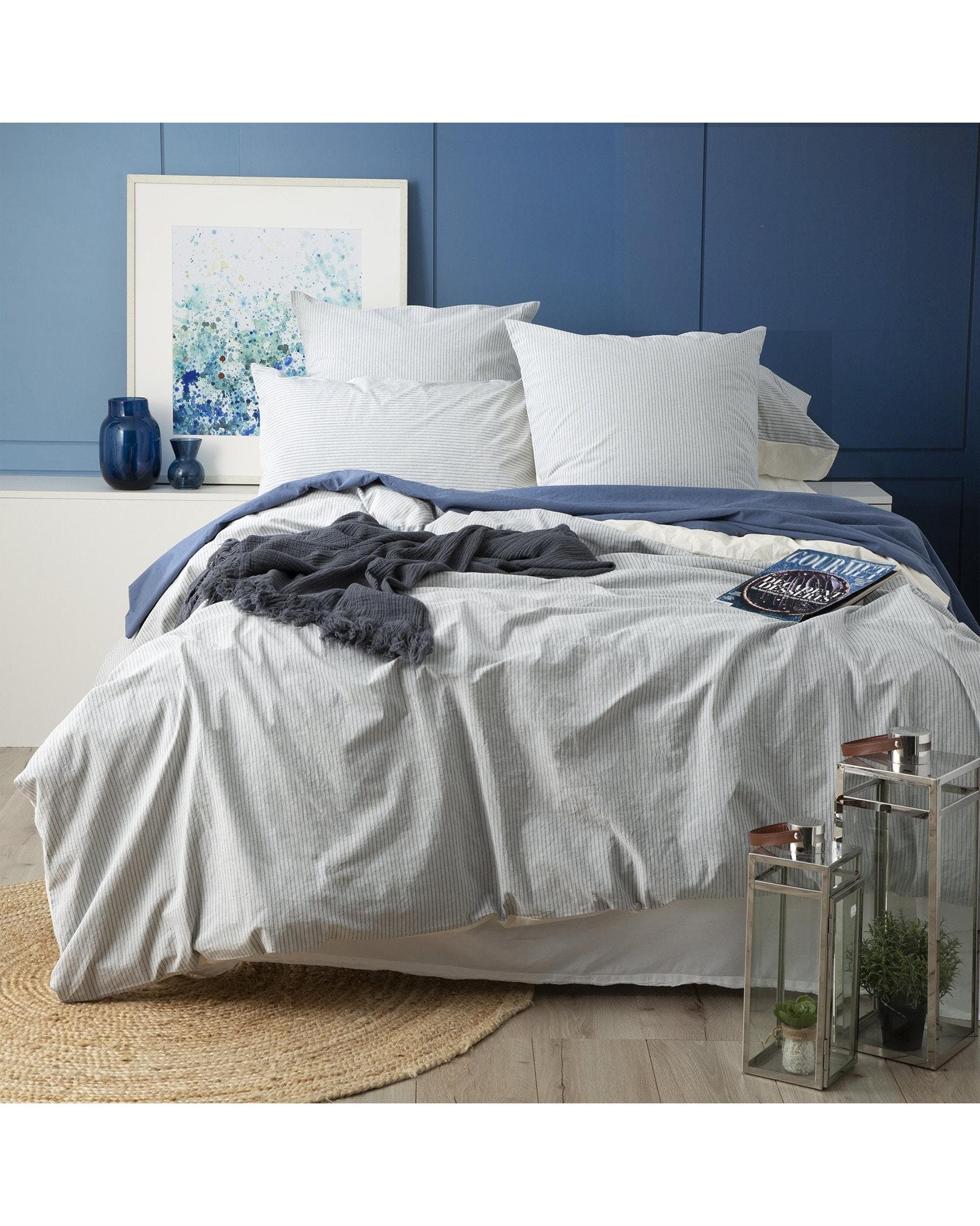 Renee Taylor Quilt Cover Portifino Yarn Dyed Vintage Washed Cotton Quilt Cover Set - Blue
